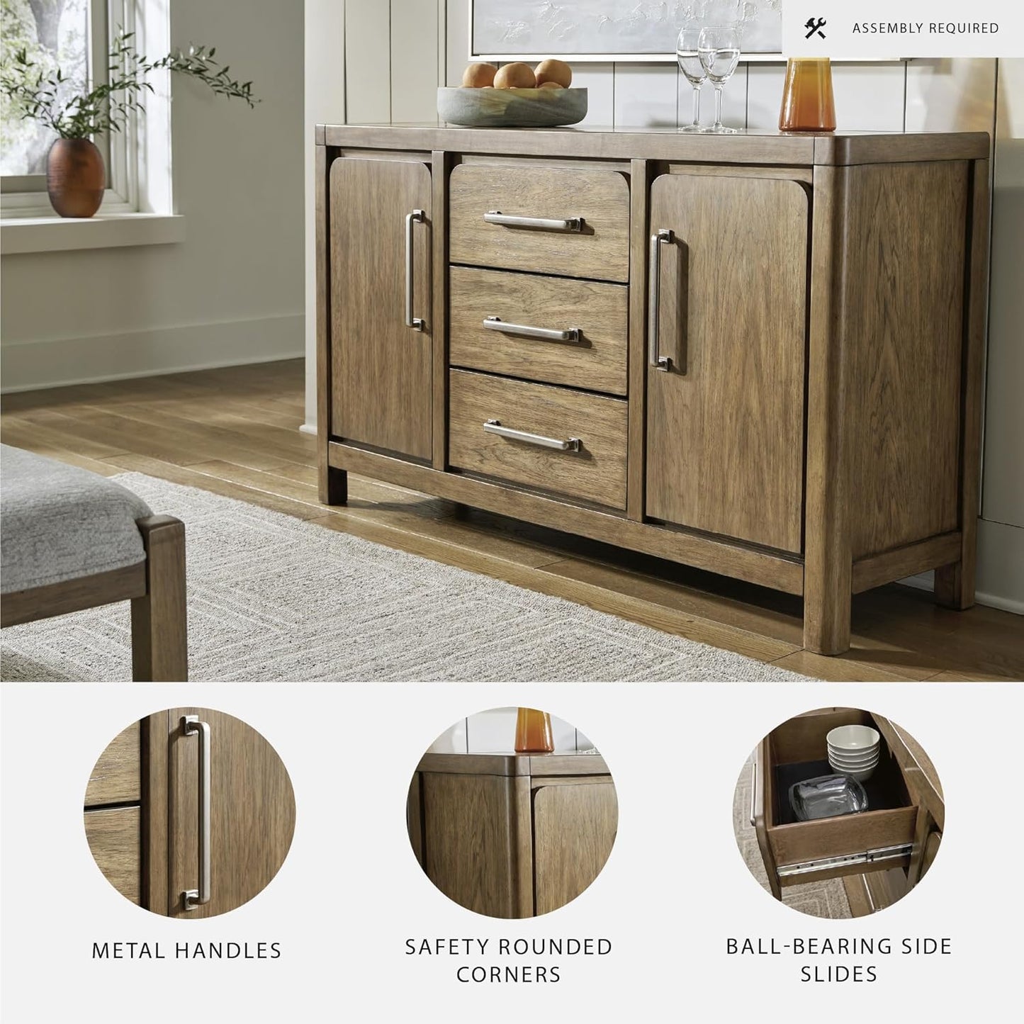 Signature Design by Ashley Cabalynn Farmhouse Glazed 2-Door Dining Server with Adjustable Shelves and 3 Drawers, Light Brown