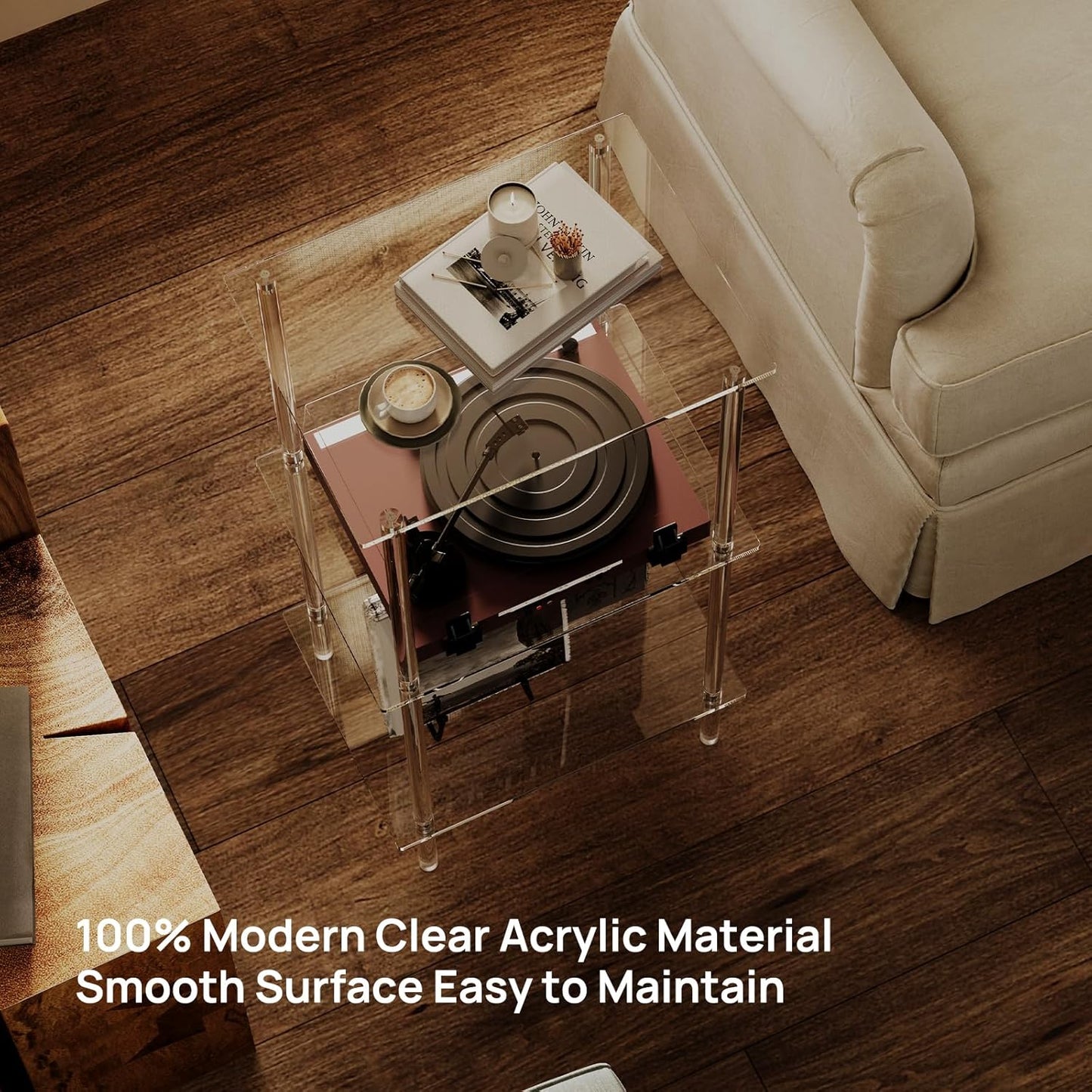 HMYHUM Acrylic Record Player Stand, Turntable Stand with Vinyl Record Storage, Tall Side Table/End Table for Living Room, Bedroom, 3-Tier, Modern, 15.7" L x 11.8" W x 30.8" H, Clear
