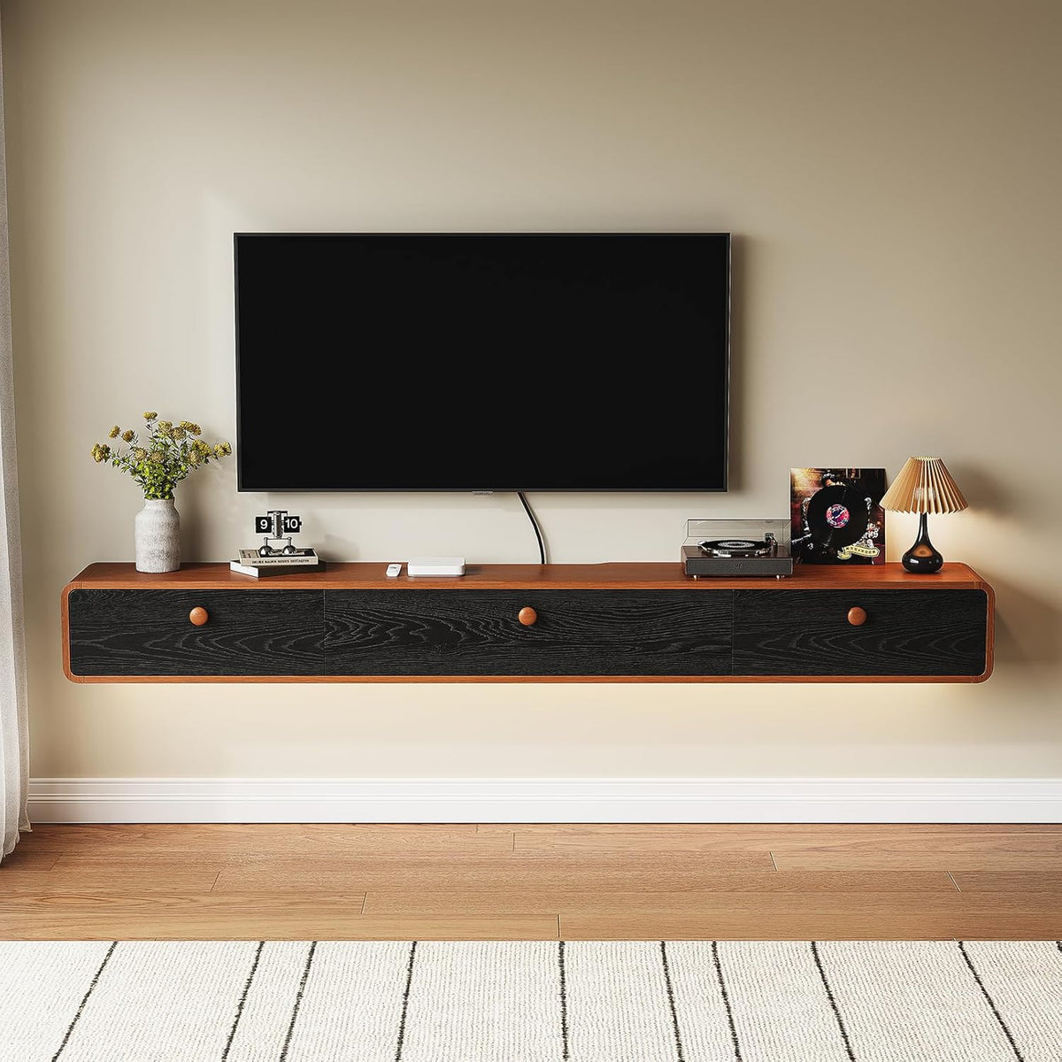 Minimalist 55'' Floating TV Stand with 3 Doors,Solid Wood Wall Mounted TV Console,Floating Entertainment Center with Hidden Storage,Curved Round Edges,Natural Wood Finish(Walnut)