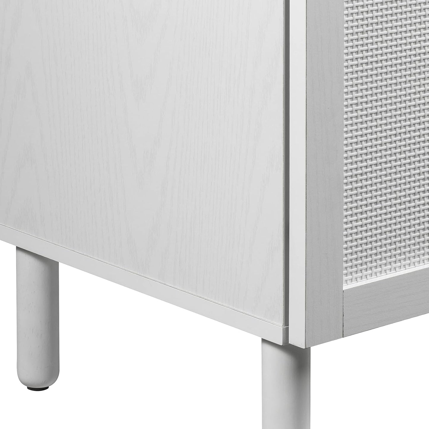 Sango Orre 2-Door Cabinet, Modern White Storage Cabinet with Synthetic Rattan Door Panels, Adjustable Shelf, Cylindrical Wood Legs, Discreet Finger Pulls, Elegant Furniture for Office or Living Room