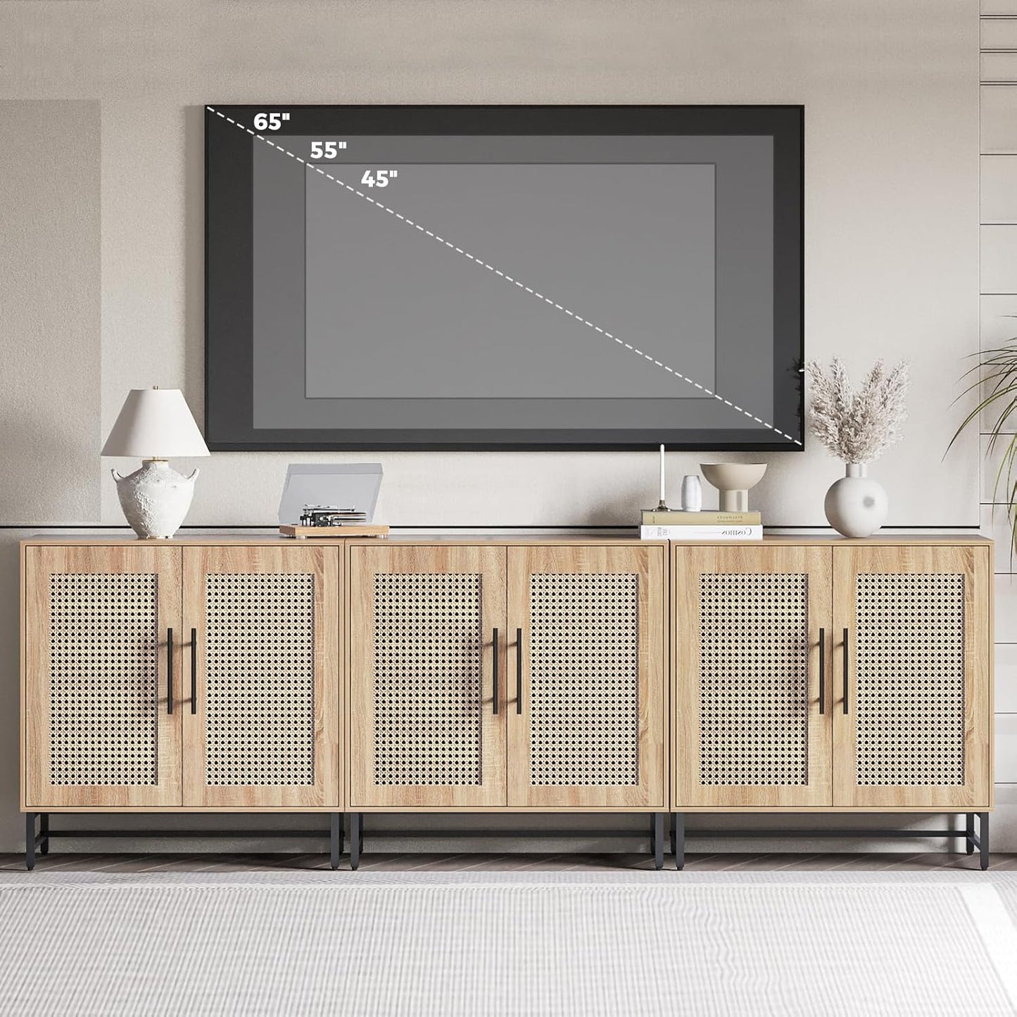 KFO Storage Cabinet with Handmade Natural Rattan Doors, Rattan Buffet Cabinet, Sideboard for Living Room, Hallway, Dining Room, Entryway