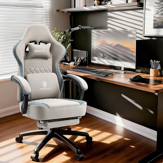 Dowinx Gaming Chair Breathable Fabric Game Chair with Gel Pad and Storage Bag, Comfortable Gamer Chair with Pocket Spring Cushion,Ergonomic Computer Chair with Footrest,Grey
