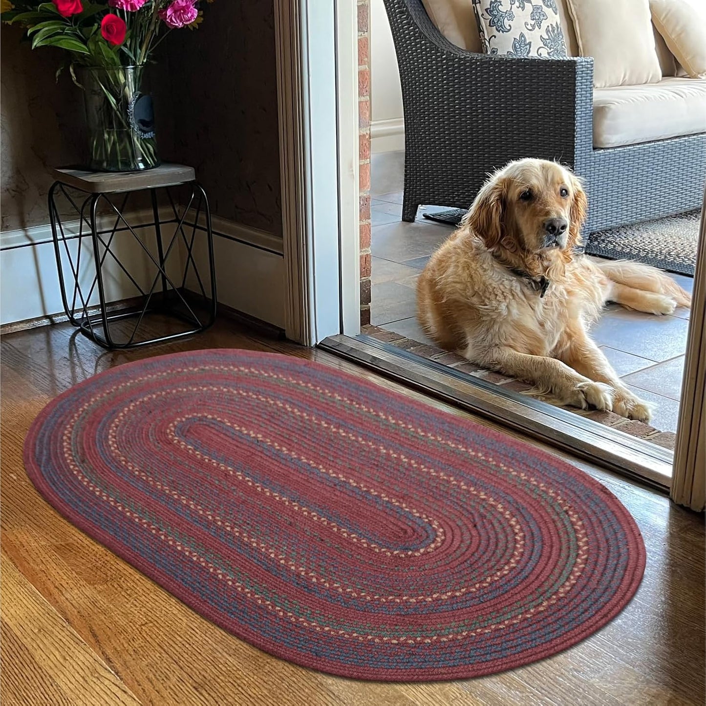 Jamestown Burgundy Braided Oval Rug, Jute, 20x30 - Rustic Primitive Decor for Entryway, Kitchen, Everywhere