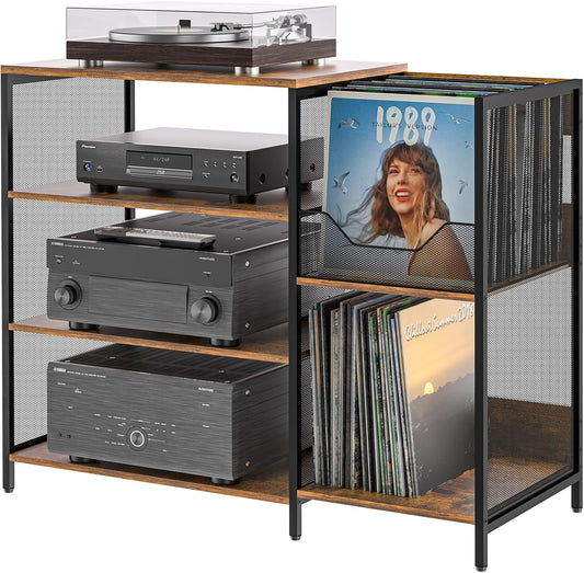 Large Record Player Stand Table with Vinyl Record Holder Up to 150PCS, AV Media Stand Stereo Cabinet Shelf Rack Tower with Storage, Sturdy, Adjustable Feet, Rustic, Large Capacity