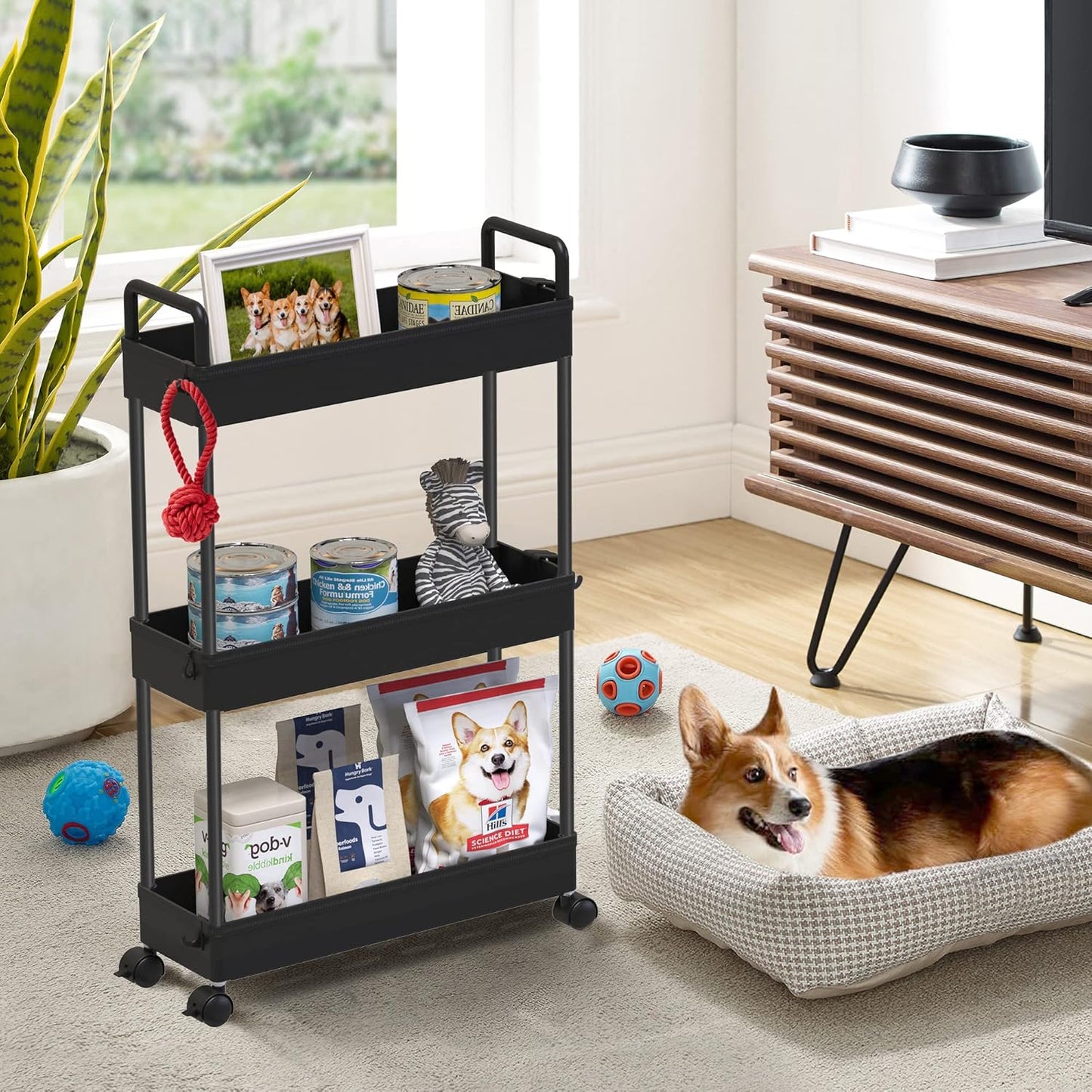 SOLEJAZZ Slim Rolling Storage Cart with Wheels 3 Tier Skinny Bathroom Storage Organizer Thin Laundry Room Utility Cart Space-Saving for Bedside Kitchen Office Small Narrow Places, Black