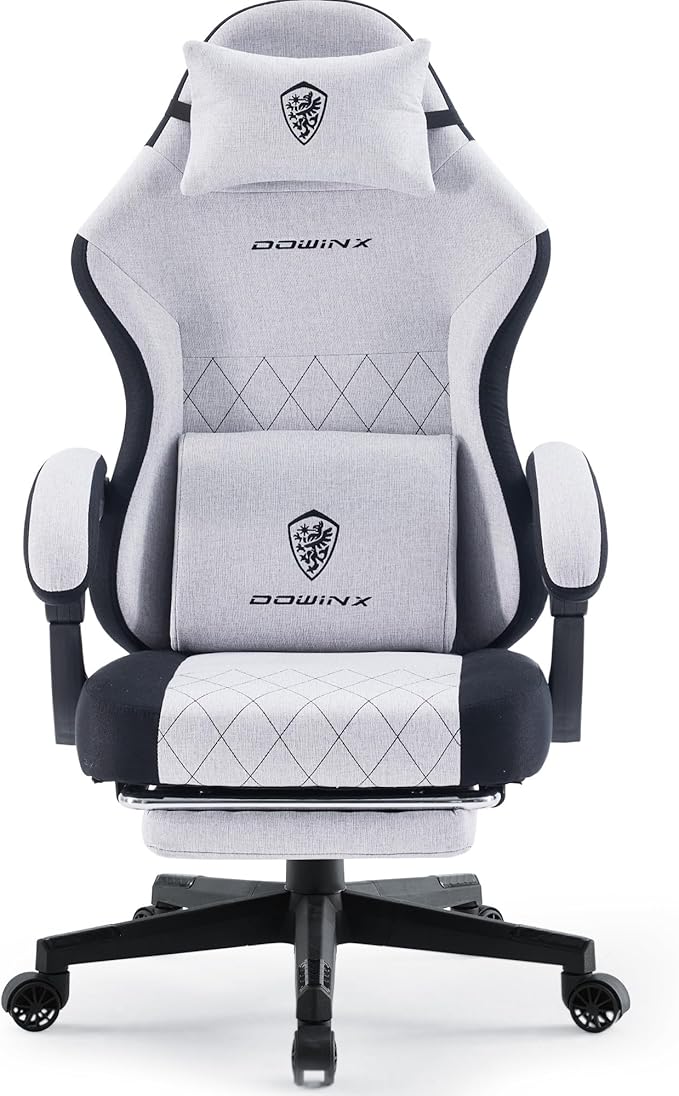 Dowinx Gaming Chair Fabric with Pocket Spring Cushion, High Back Ergonomic Computer Chair with Footrest for Adults, Massage Lumbar Support Swivel Game Chair for Office Gaming 300LBS, Black and Gray
