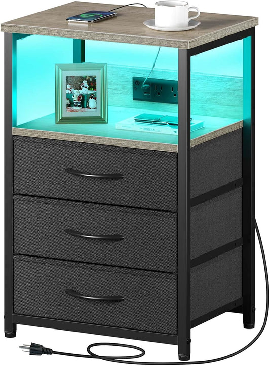 Seventable Nightstand with Charging Station and LED Light, Side Table with 3 Fabric Drawers, Bedside End Table with USB Ports and Outlets, Night Stand for Bedroom, Greige