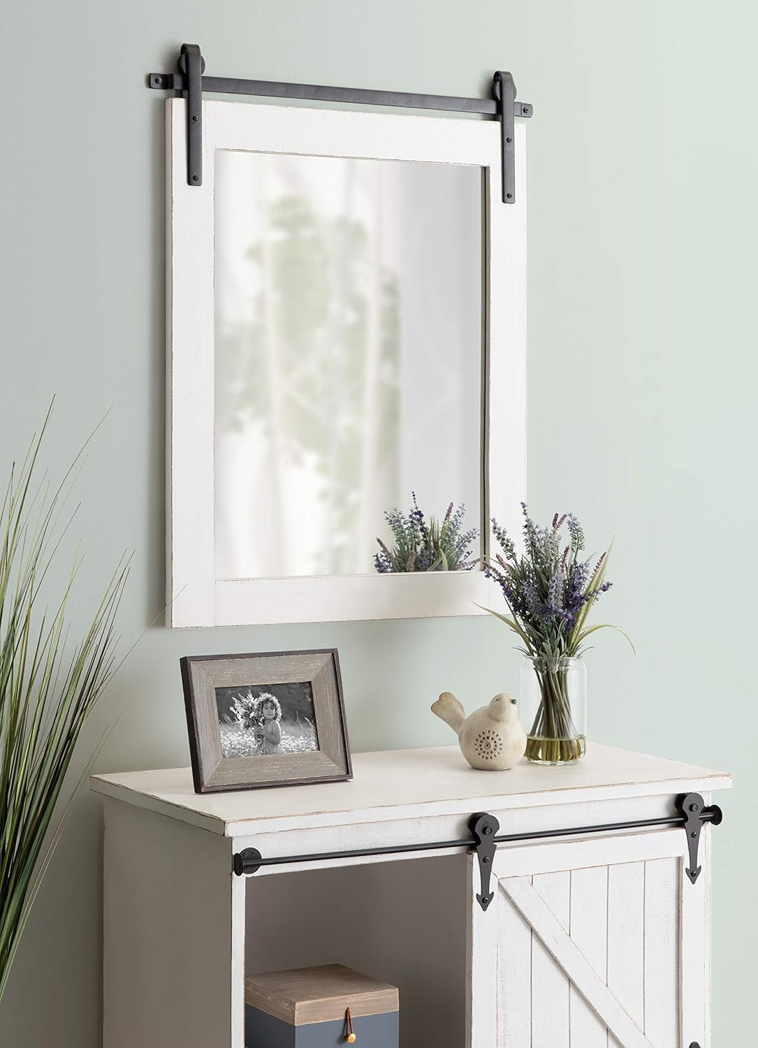 Kate and Laurel Cates Rustic Wall Mirror, 22" x 30", Coastal White, Farmhouse Barn Door-Inspired Wall Decor