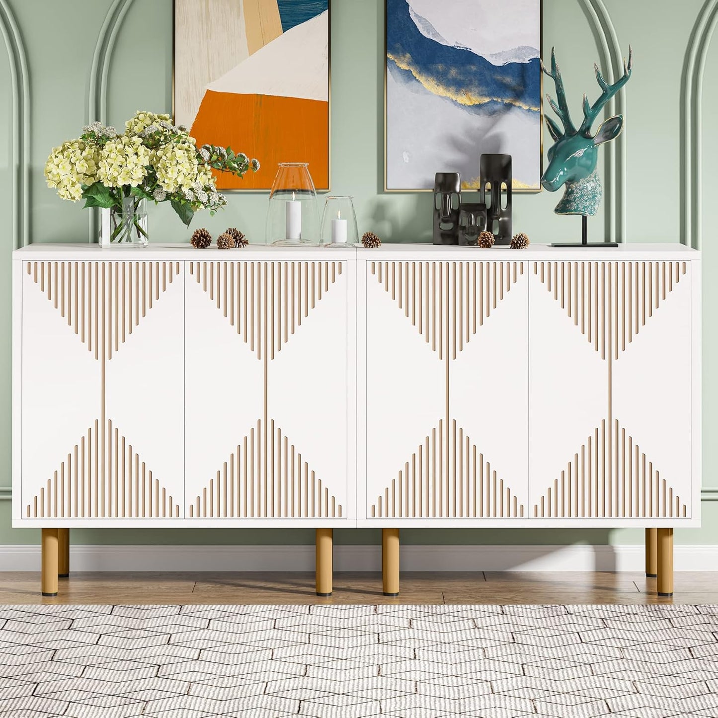 LITTLE TREE White Sideboard Buffet Cabinet, Modern Sideboard Cabinet with 4 Doors, Cupboard Console Table