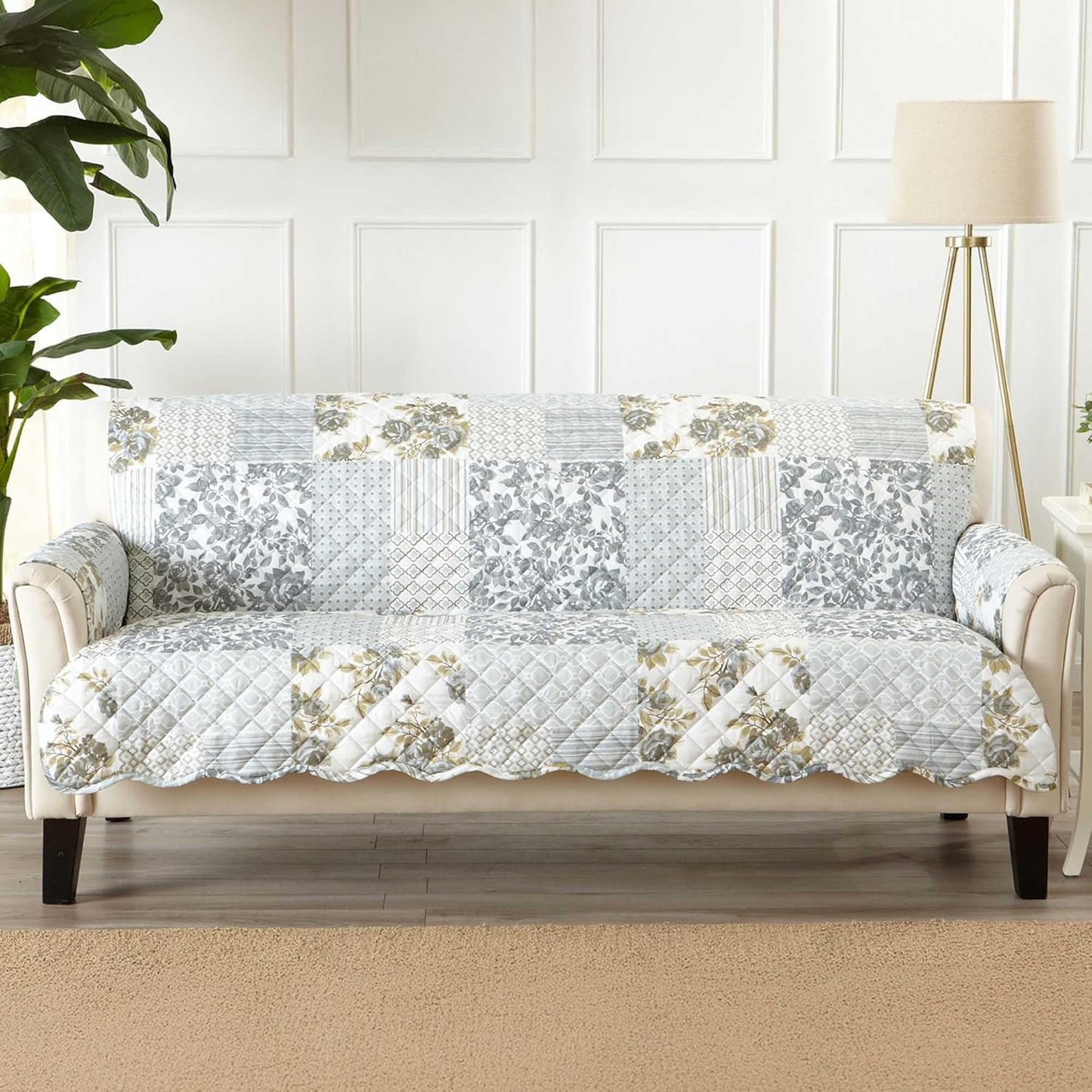 Patchwork Scalloped Printed Furniture Protector Stain Resistant Sofa Cover (Sofa, Grey)