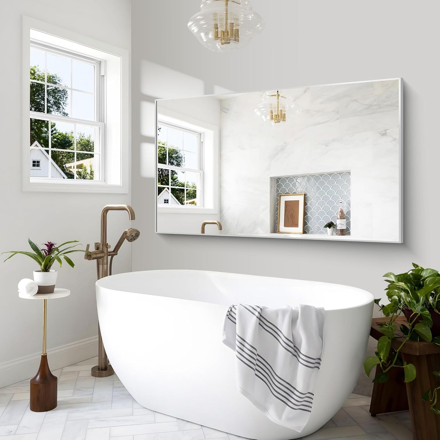 BONEWEI Silver Bathroom Mirror,60x36 inch Wall Mirror for Bathroom Wall Mounted,Large Rectangle Mirror for Bathroom Over Sink,Modern Metal Frame for Living Room,Bedroom Entryway,Horizontal/Vertical