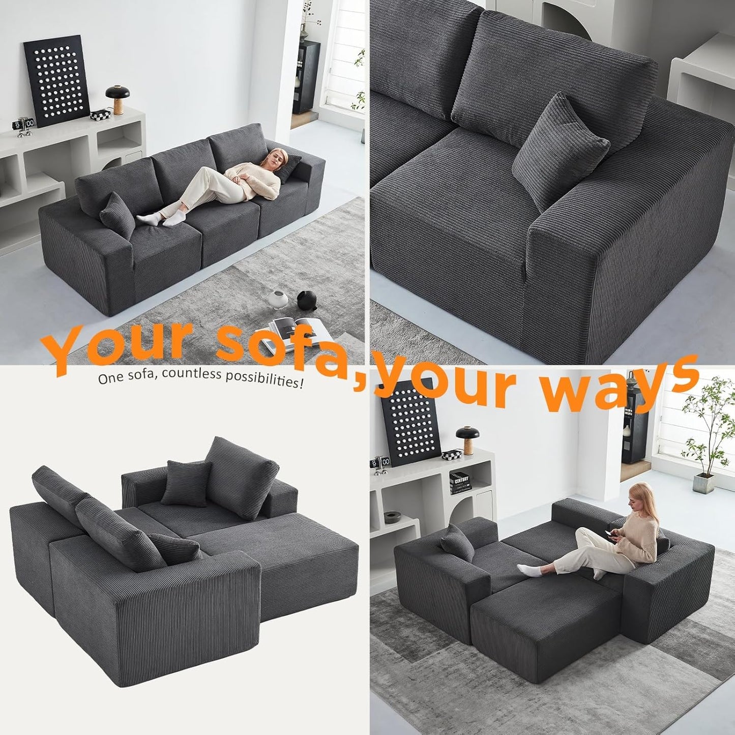 INGEROOM 108" Cloud Sectional Couch, Modular Sectional Sofa with L-Shaped Chaise, Modern Plush Corduroy Couch for Living Room Bedroom, No Assembly Required, Deep Seating Floor（Dark Gray）