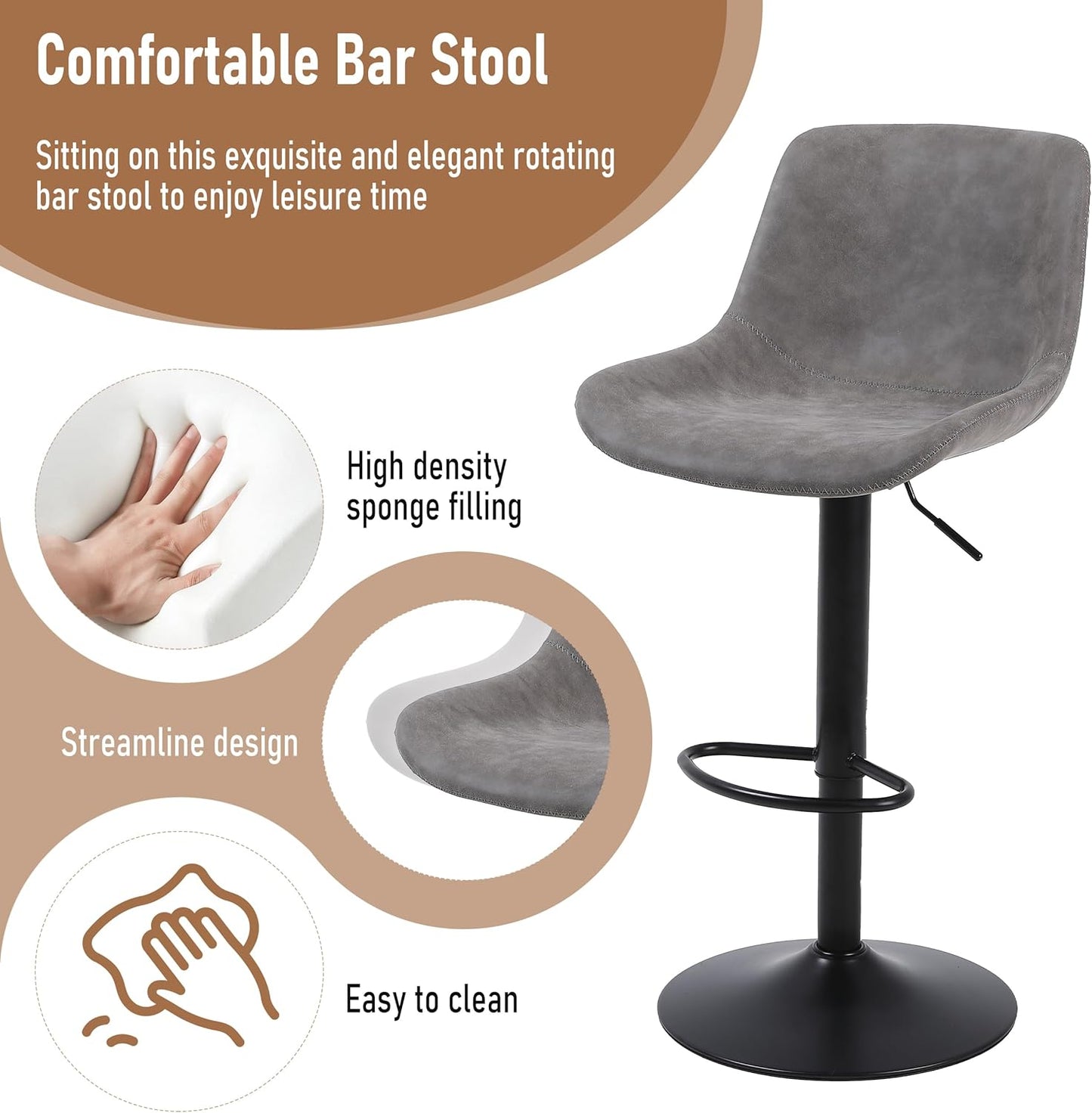 Bar Stools, Swivel Counter Height Barstools with Back, Adjustable Modern Bar Chairs, Tall Armless PU Leather Kitchen Island Stool (Grey, Set of 3)