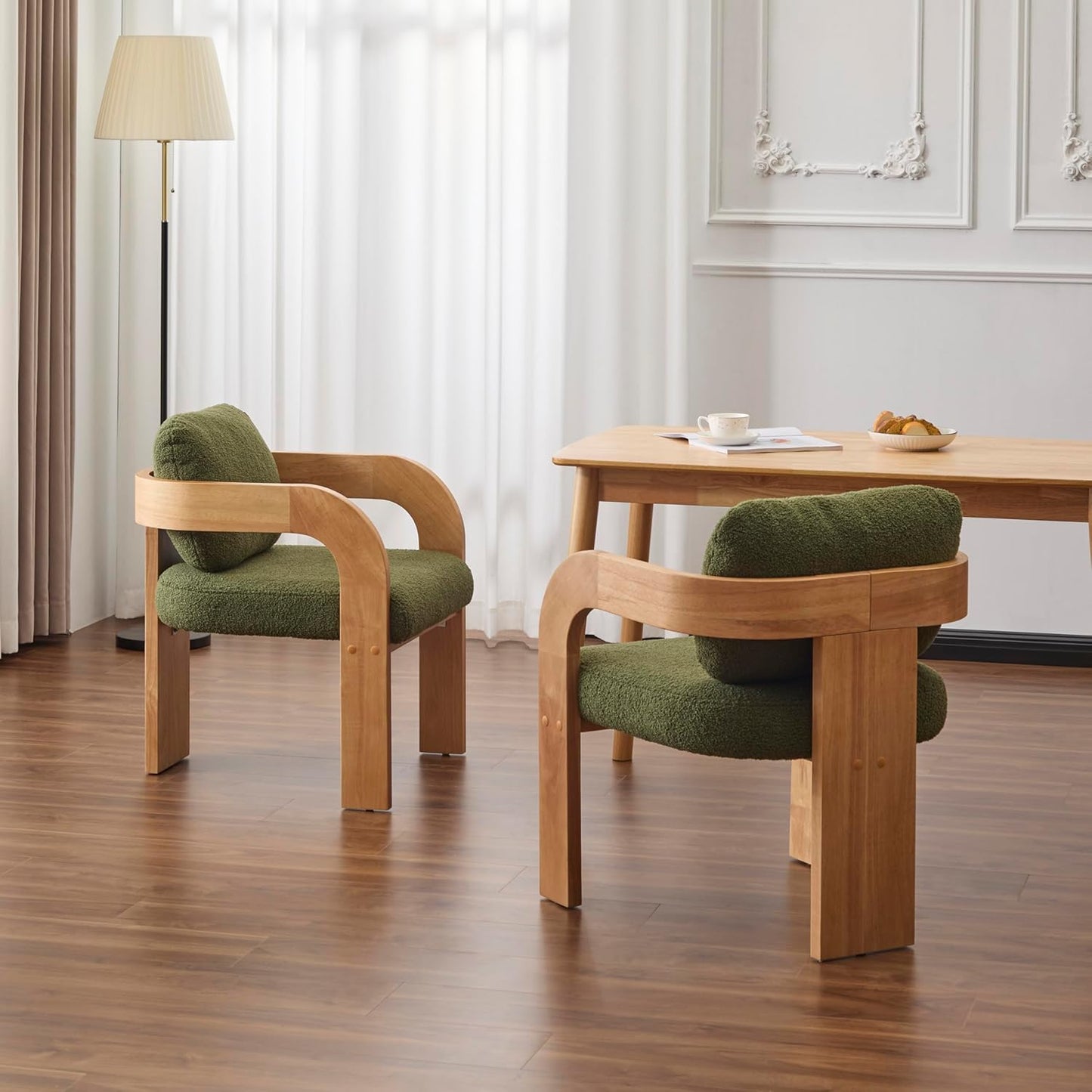 Christopher Knight Home Yorick Modern Boucle Dining Chair Set of 2 with Cushion, Solid Wood Dining Room Armchair Set, Curved Backrest Kitchen Side Chair, Living Room Comfy Extra Seat, Natural+Green
