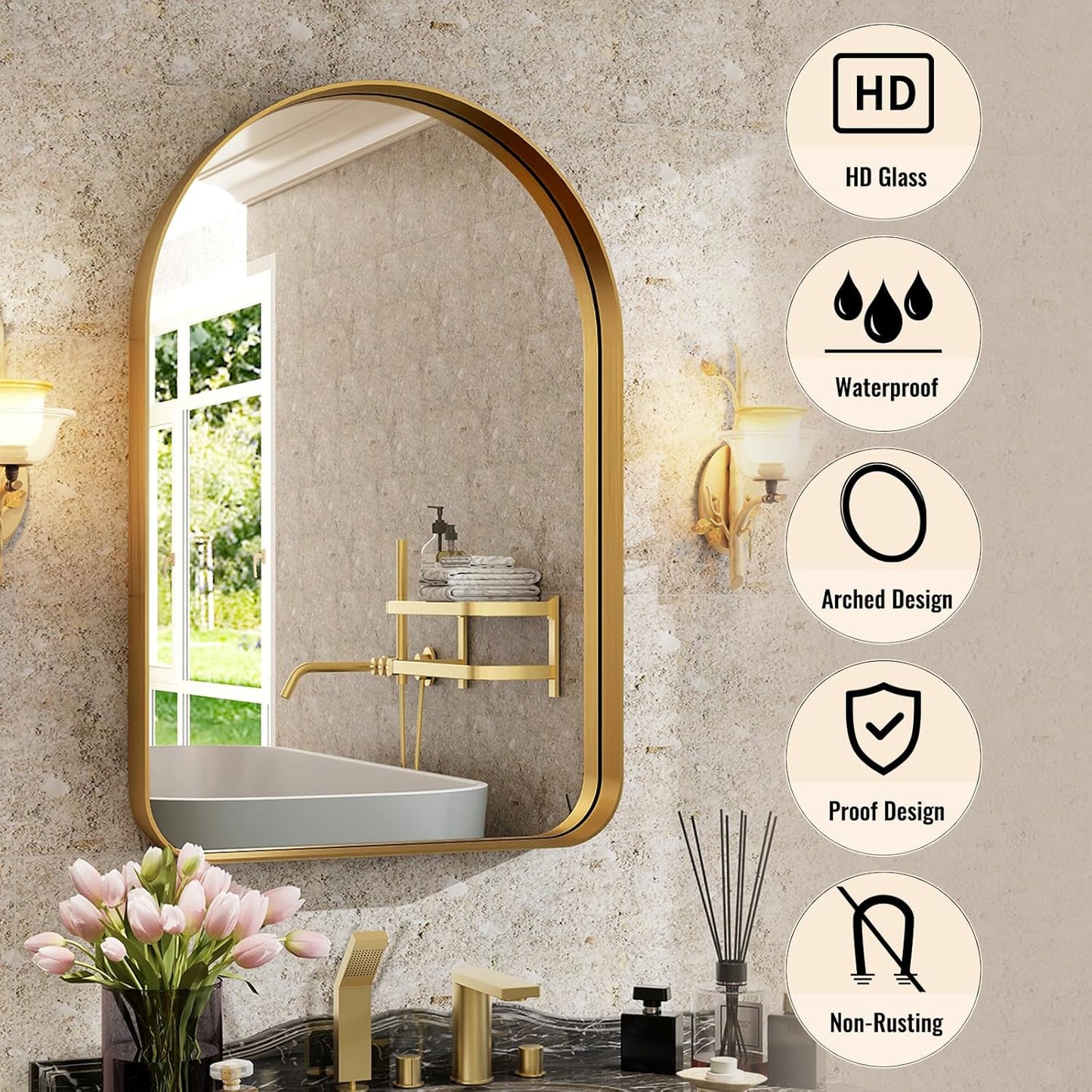 Arched Bathroom Mirror - 30x20 Inch Gold Bathroom Mirror for Wall - Aluminum Alloy Framed Mirror - Arched Top Bathroom Vanity Mirror for Living Room, Bedroom, Mantel, Entryway, and Hallways