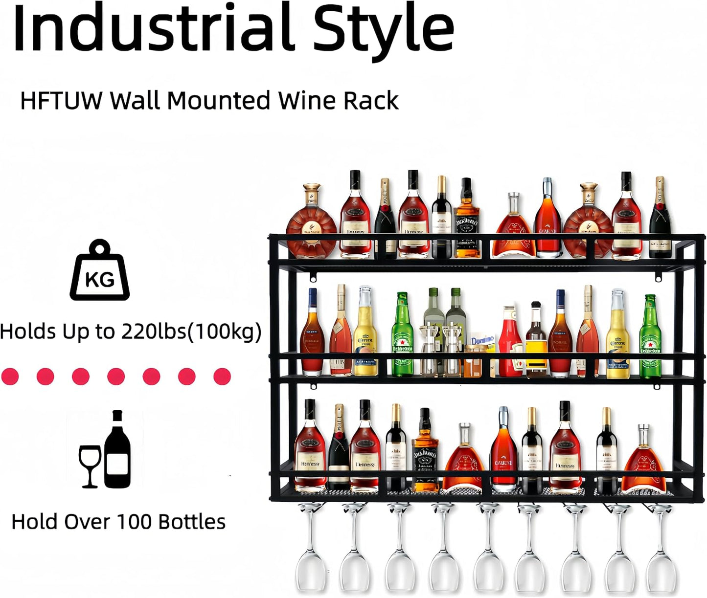 39 Inch Metal Wine Rack Wall Mounted, Bar Shelves for Liquor Bottles with LED Light, 3 Tier Large Capacity Liquor Rack Wall Mounted with Glass Holder for Home Bar & Dining Room, Black