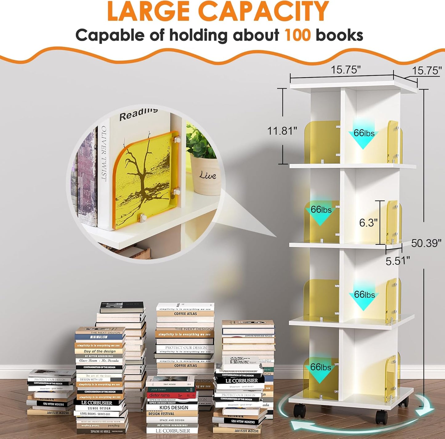 VECELO 4-Tier Rotating Bookshelf on Wheels, Revolving Bookcase Tower, Mobile Book Rack with Acrylic Windows, Narrow Rolling Bookshelves for Small Space, Corner, Bedroom, Office, White