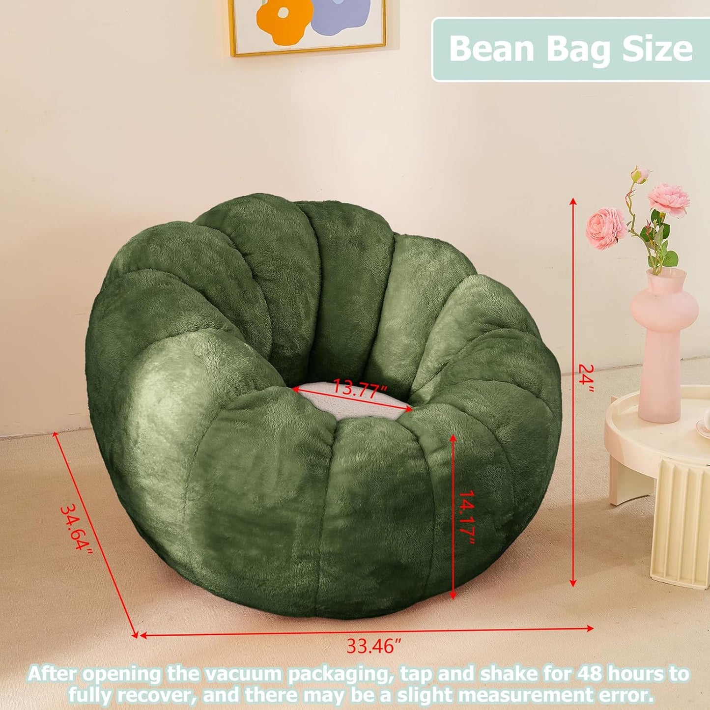 Pumpkin Bean Bag Sofa Chair, Bean Bag Chair with Filler for Teens, Kids, Toddler, Comfy and Lazy Sofa for Dorm, Apartment, Living Room and Bedroom, Dark Green