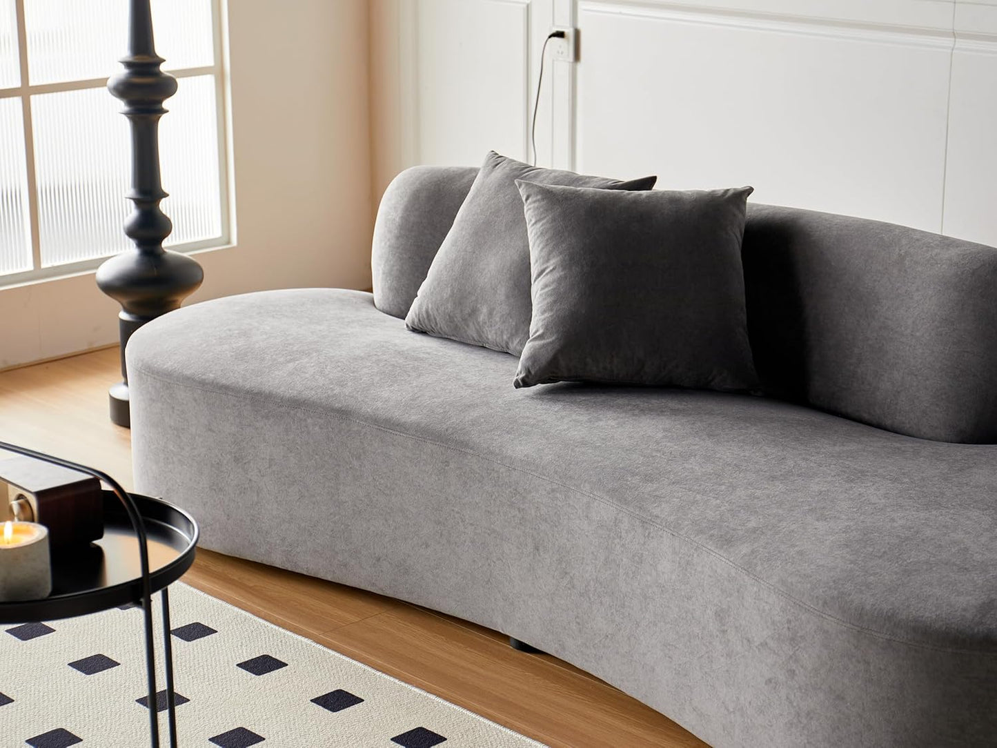 Container Furniture Direct 90" Curved Sofa with Throw Pillows, 4 Seater Luxury Velvet Couch with Half Moon Design and High-Density Foam, Ideal for Modern Living Room, Office & Apartment, Grey