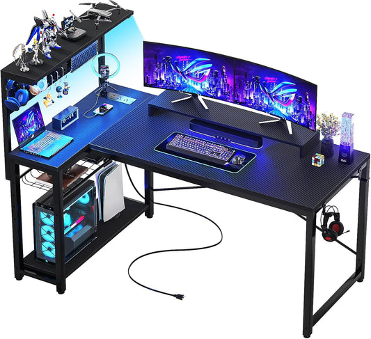 Homieasy Small Gaming Desk with Power Outlets Pegboard LED Light, 51 Inch L Shaped Computer Desk with Monitor Stand Storage Shelves, Reversible Corner Desk with Headset Hooks, Carbon Fiber Black