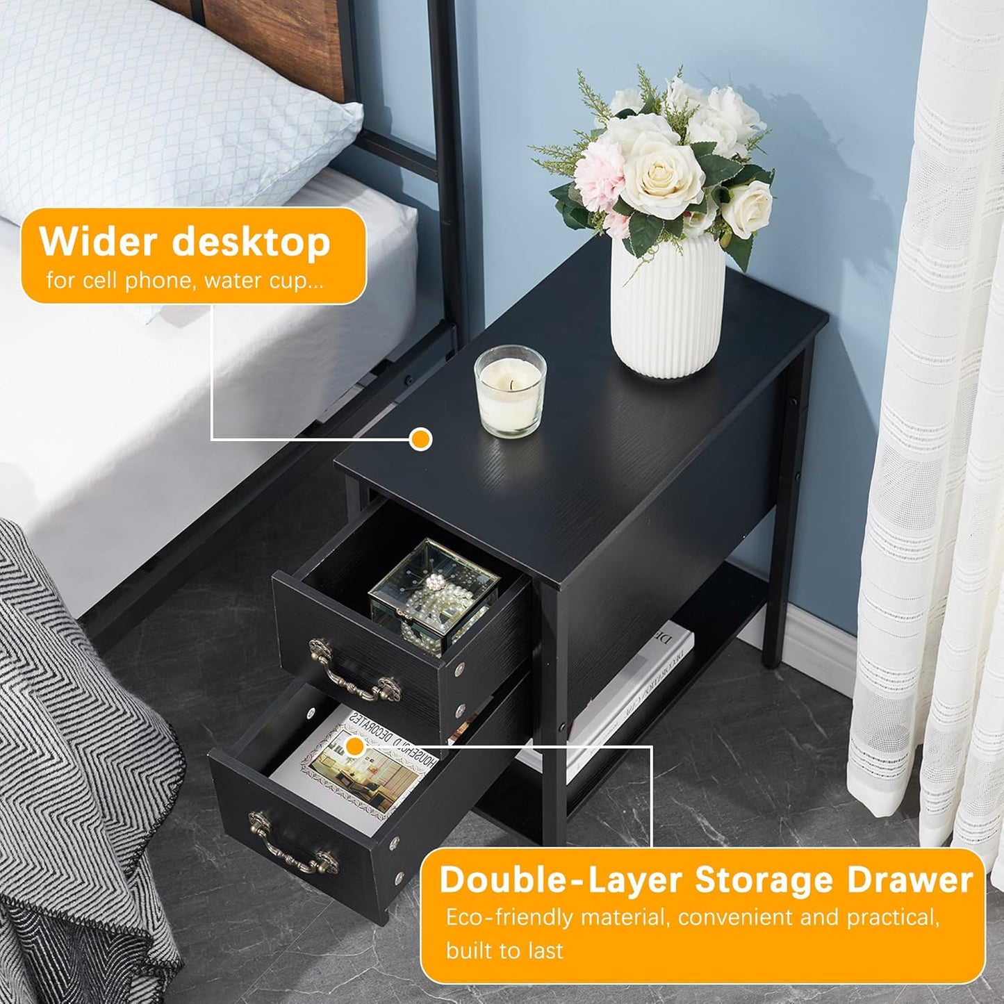 VECELO End Tables,Narrow Nightstand with Drawers and Storage Shelf,Modern Night Stand for Small Spaces, Living Room,Bedroom