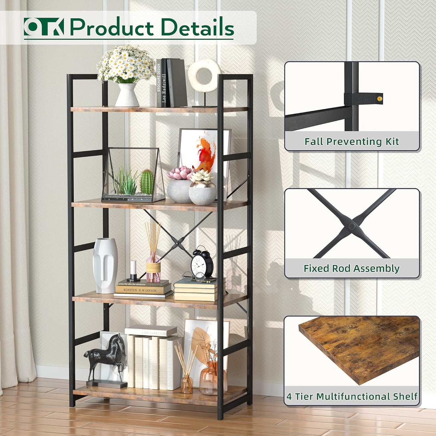 OTK 4 Tier Bookshelf, Tall Bookcase, Office Shelf Storage Organizer, Modern Book Shelf for Living Room, Bedroom, and Home Office, Vintage