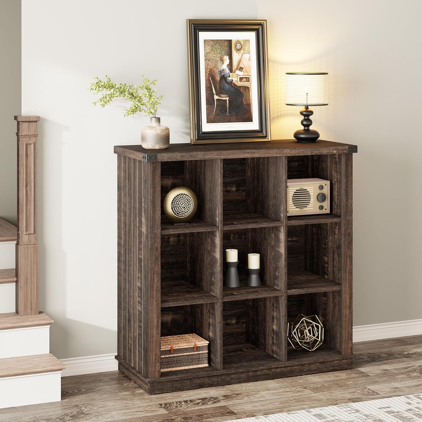 GarveeHome 9 Cube Storage Organizer Bookshelf, 4 Tier Farmhouse Horizontal Bookcase, 37.4 Inch Wood Storage Bookcase for Entryway, Long Low Bookshelves for Living Room-Black Oak