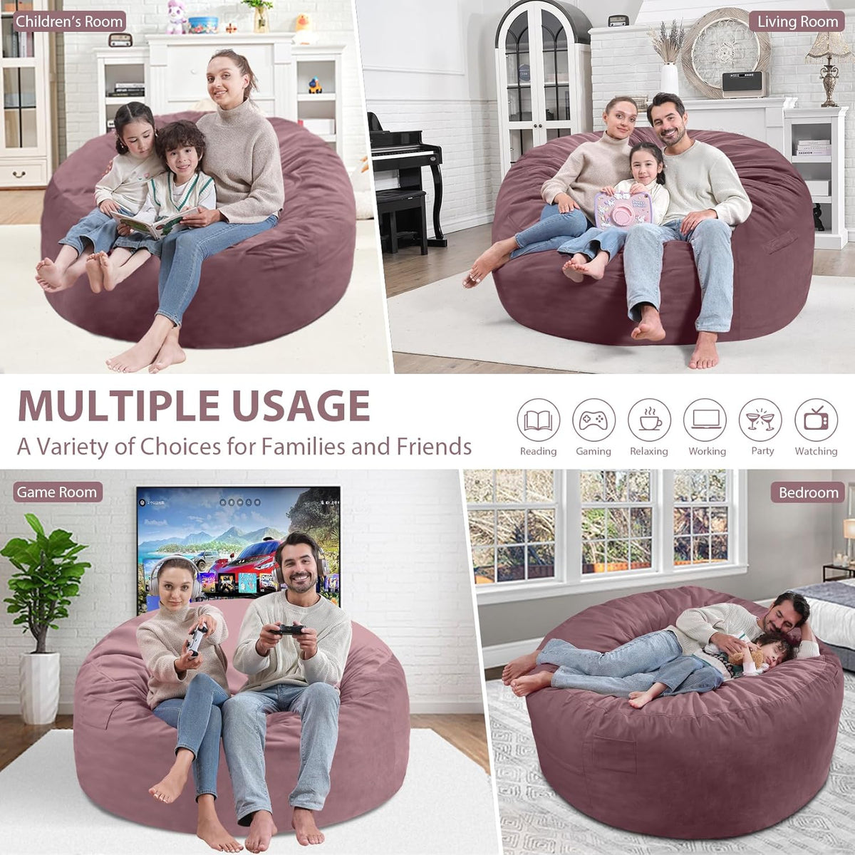 5FT Bean Bag Chair, Large Bean Bag Chairs with Memory Foam Filled, Fluffy Beanbag Sofa with Dutch Velvet Cover, Round BeanBag Chairs for Living Room, Playroom - Dusty Pink