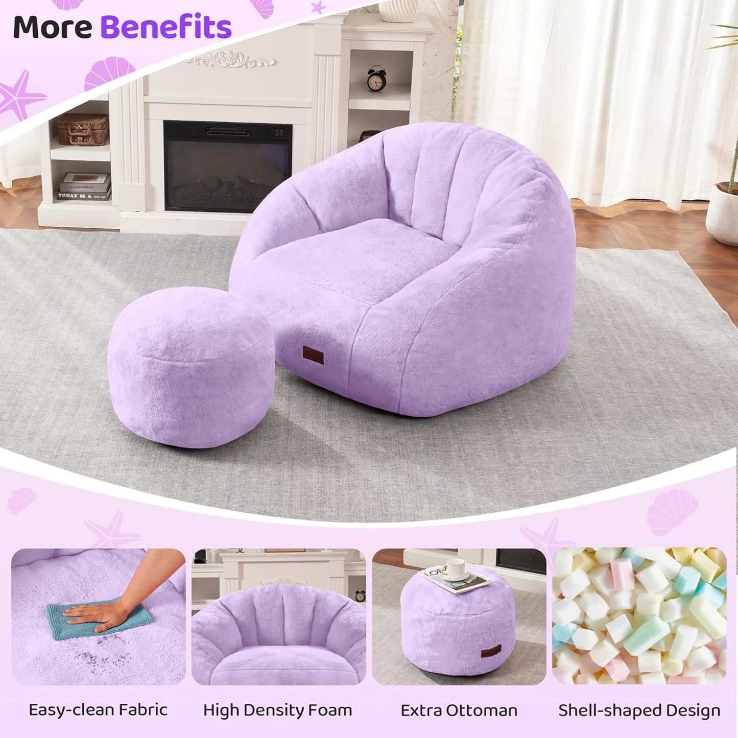 HABUTWAY Bean Bag Chair, Giant Bean Bag Chairs for Adults with Ottoman, Comfy Faux Fur Shell-Shaped Bean Bag Couch, Sofa Chair for Living Room, Bedroom, Purple