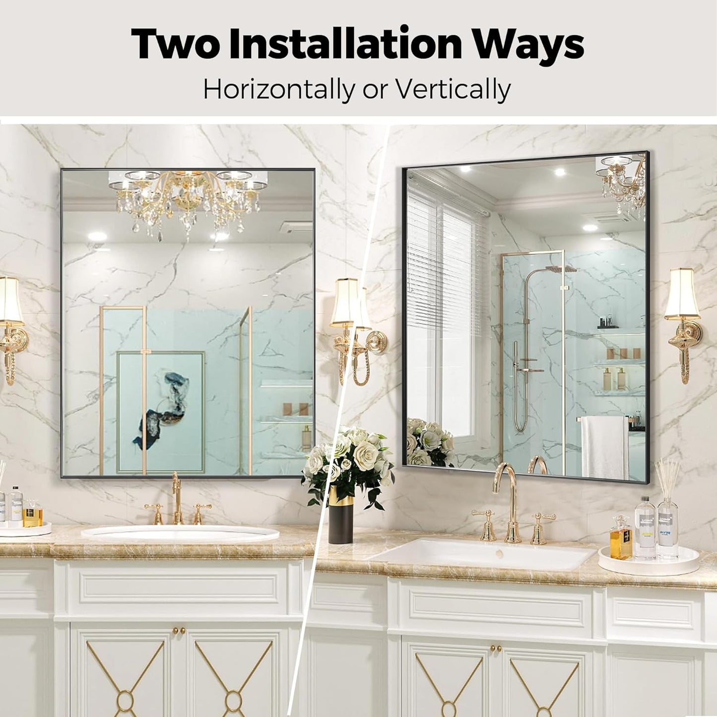 24x30 Inch Black Bathroom Mirror for Wall, Aluminum Frame Rectangle Rectangular Vanity Mirror, Modern Large for Bedroom, Living Room, Horizontal or Vertical