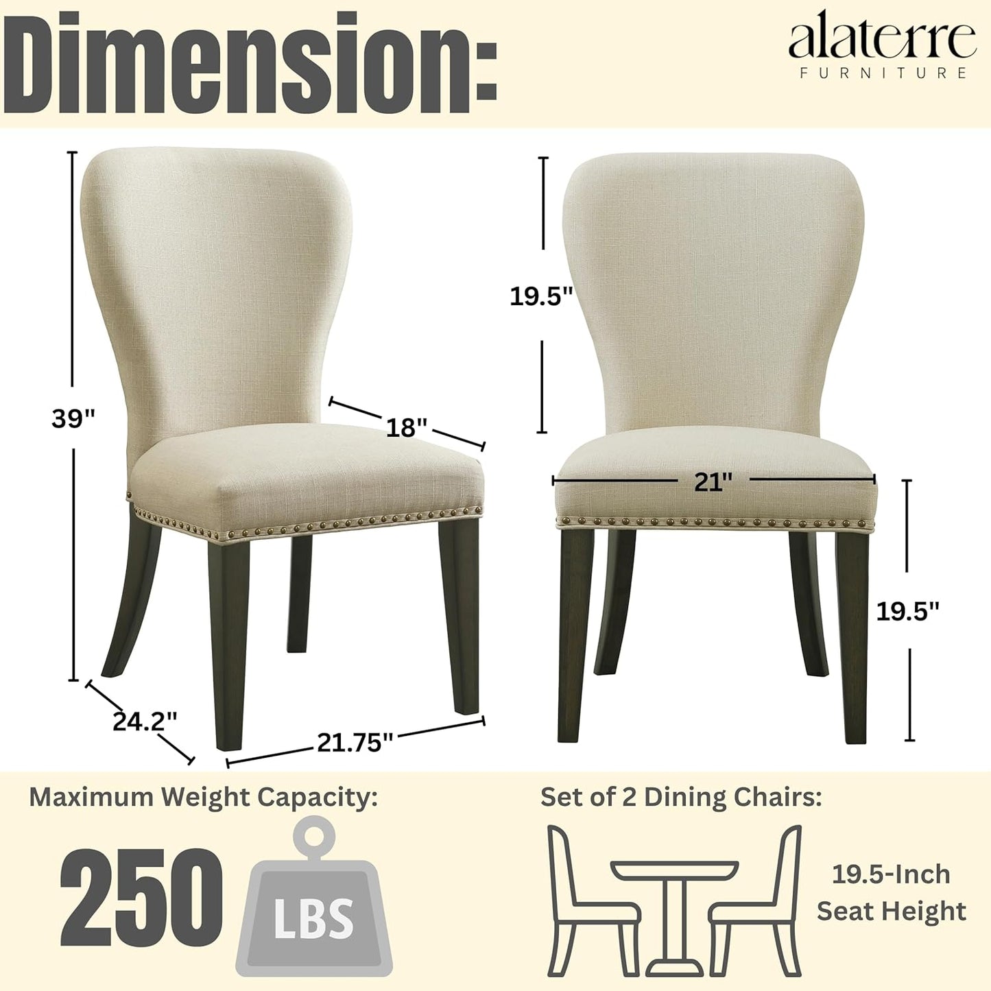 Alaterre Furniture Savoy Upholstered Dining Chairs – Set of 2 Parsons Style Accent Chairs with Cream Linen Fabric, Nailhead Trim, and Dark Stained Legs – for Dining Room, Desk, or Sitting Area
