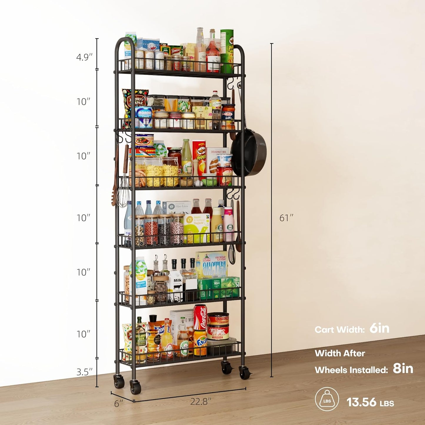 6-Tier Slim Storage Cart, Rolling Kitchen Cart with Wheels, Narrow Metal Shelf Organizer with Hooks for Kitchen, Bathroom, Living Room, Laundry, Small Spaces (Black, 6 in)