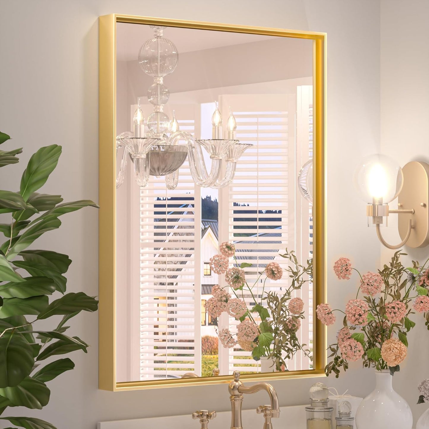 Keonjinn 22 x 30 Inch Gold Bathroom Mirror for Over Sink Brushed Gold Rectangle Wall Mounted Mirror Metal Frame Modern Farmhouse Mirror with Square Corner Framed Mirror(Horizontal/Vertical)