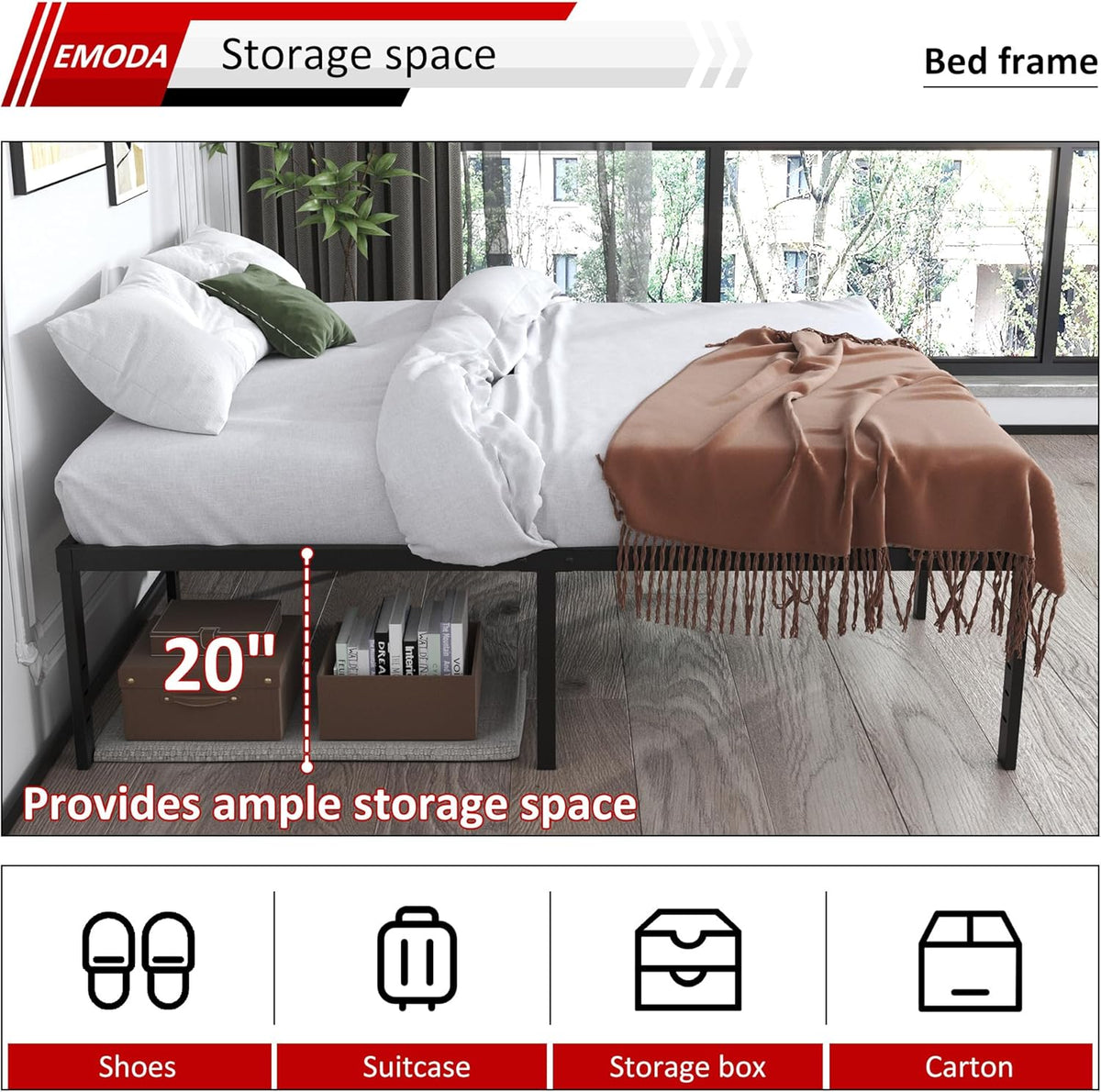 EMODA 20 Inch Tall Full Size Bed Frame with Large Storage Space, Easy Assembly Heavy Duty Metal Platform No Box Spring Needed, Noise Free, Black
