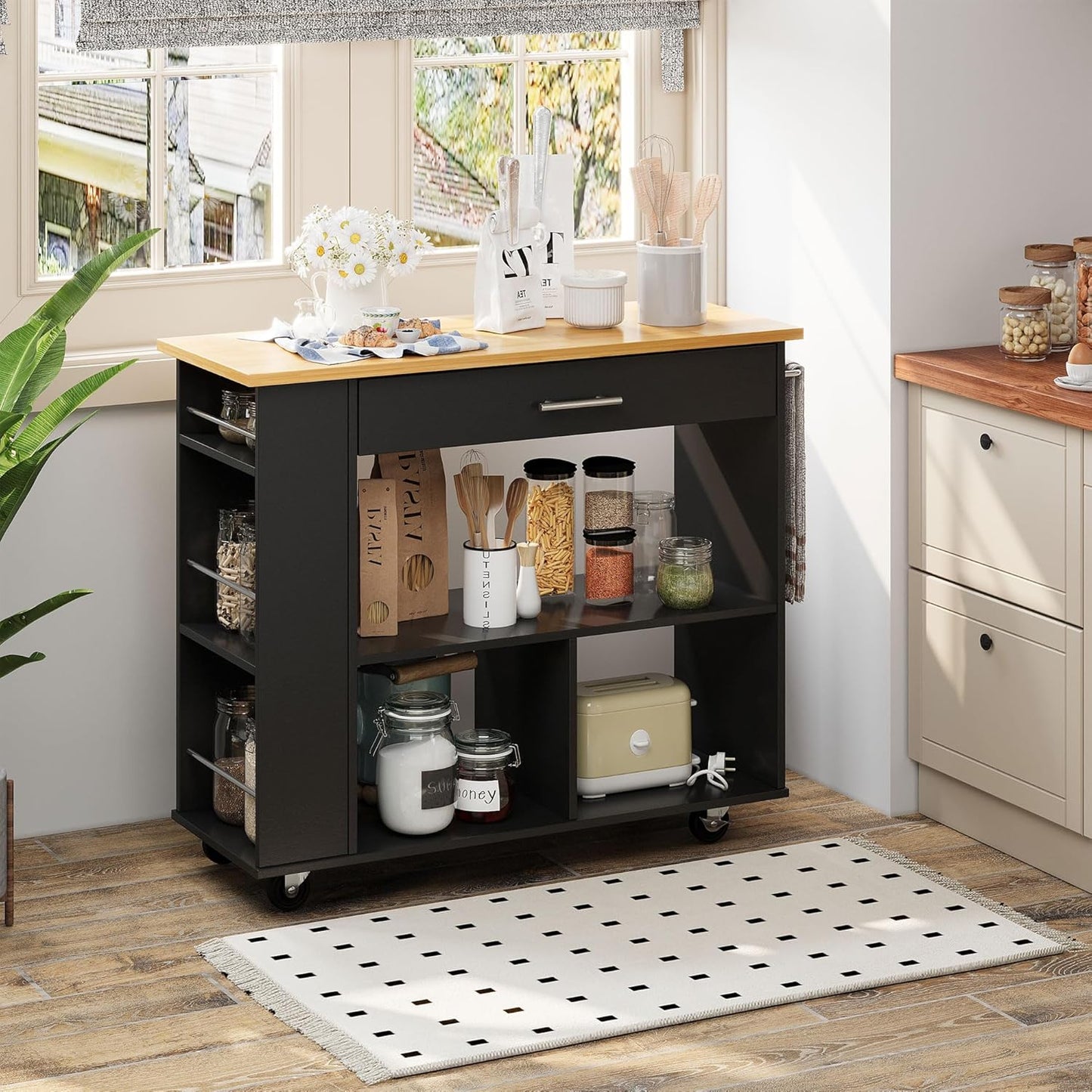 Shintenchi Kitchen Island on Wheels with Storage, Wheeled Island & Cart with 3-Tier Spice Rack, 3 Open Shelves and 1 Drawer, Black