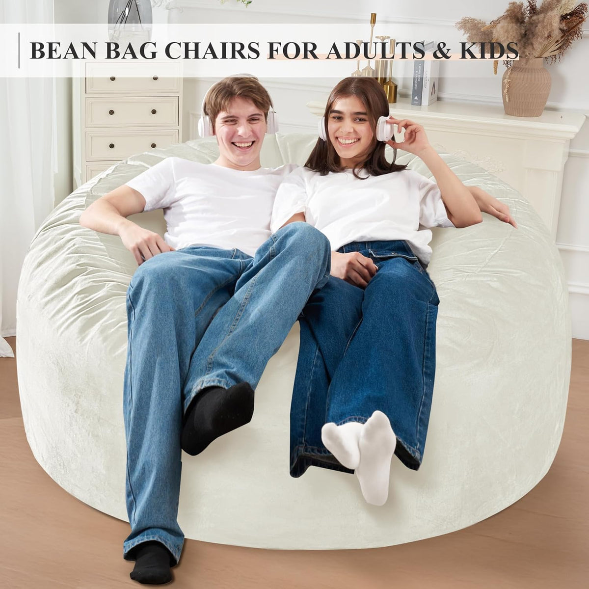 Homguava 5 FT Bean Bag Chair: 5' Bean Bags with Memory Foam Filled, Large Beanbag Chairs Soft Sofa with Dutch Velvet Cover-Beige