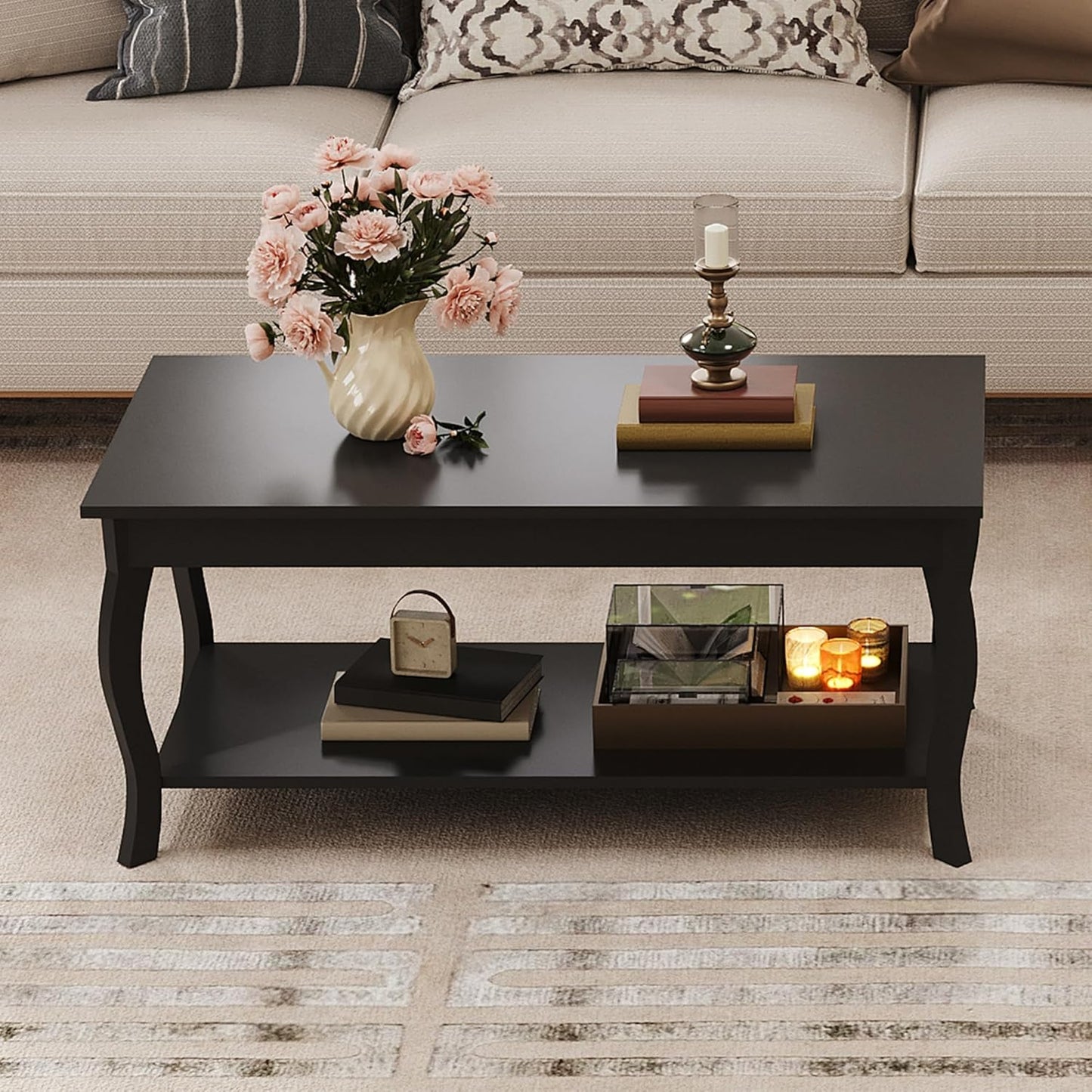 ChooChoo Coffee Table, Modern Center Table with Curved Legs and Storage Shelf, 39" Coffee Table for Living Room, Black