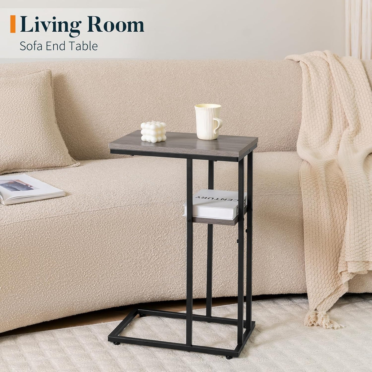 Yoobure C Shaped End Table, Side Table for Couch and Bed, Small Side Tables for Small Spaces, Living Room, Bedroom, Rustic Snack Tables