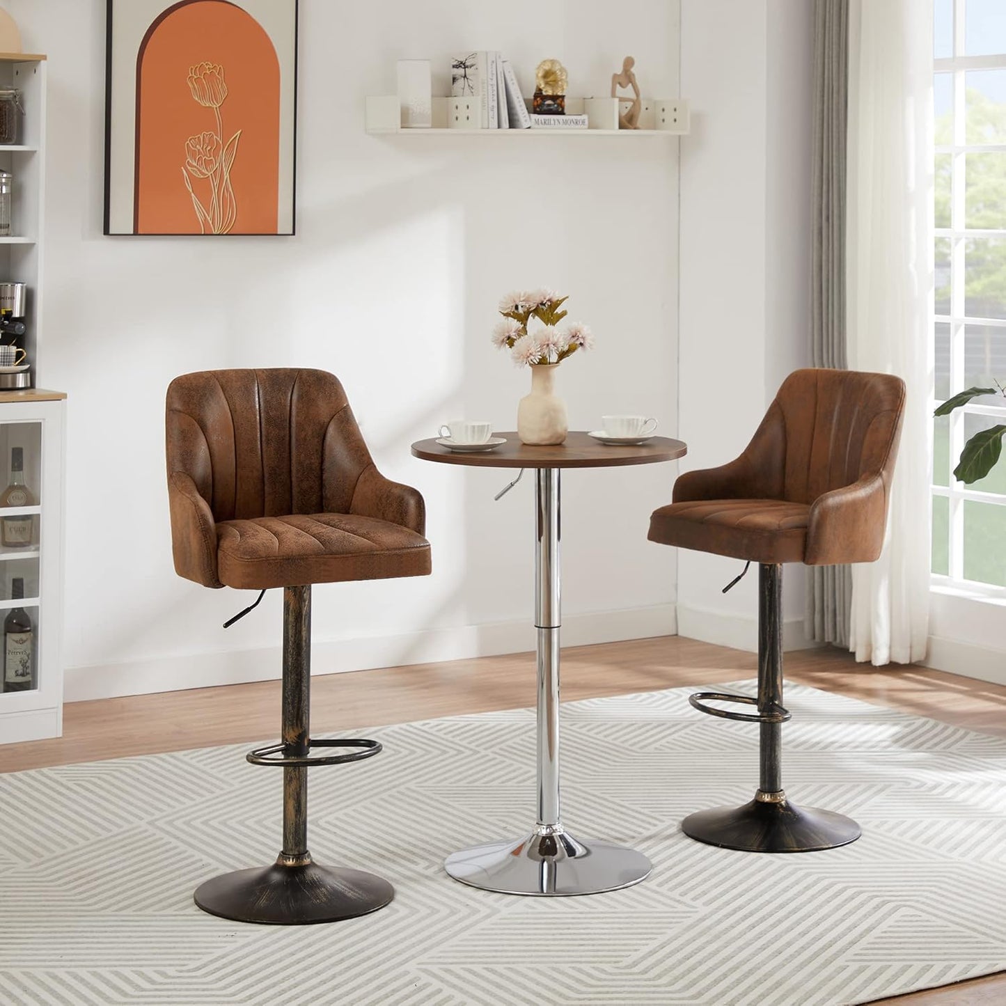 VECELO Bar Stools Set of 4, Adjustable Barstools, Counter Height Stools with Back and Arm, Kitchen Island Stools, Swivel PU Chairs for Pub, Dining Room, Industrial Style, Brown