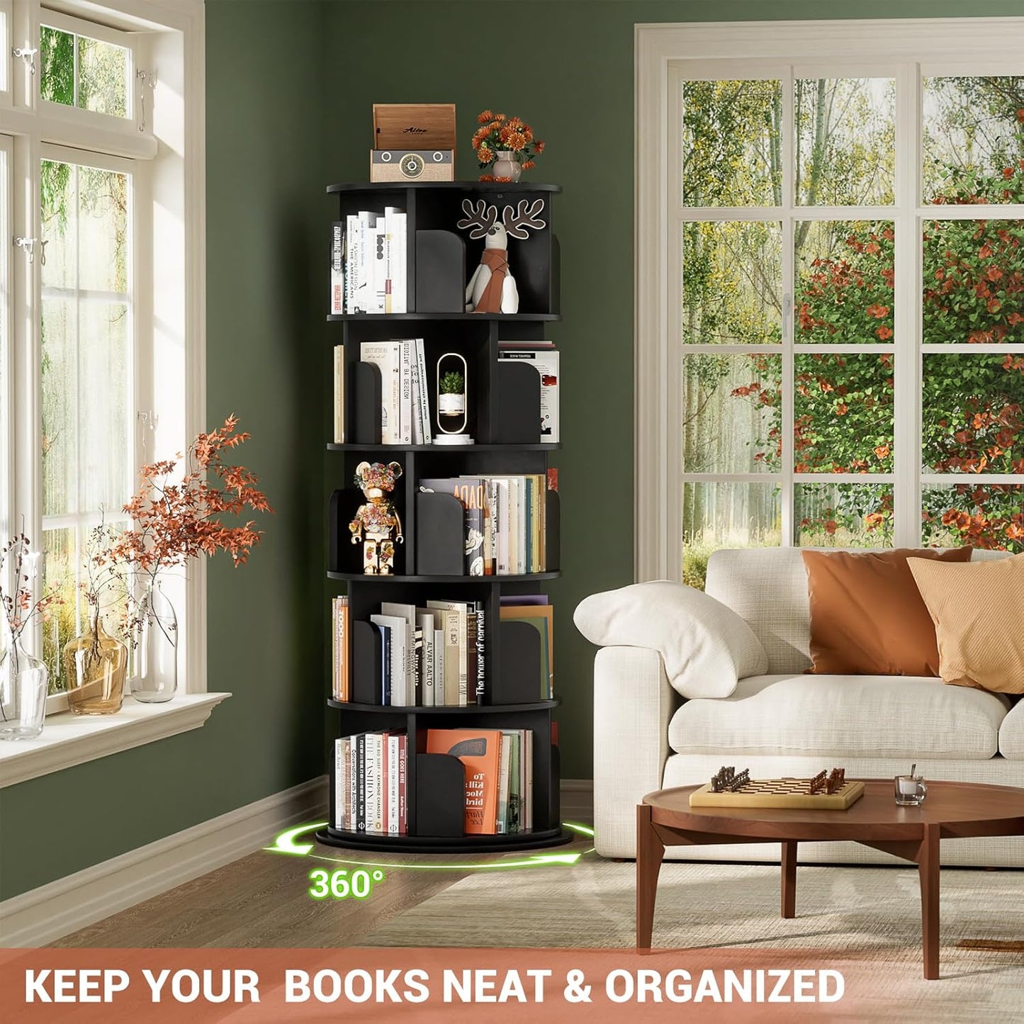 Rotating Bookshelf Tower, 5 Tier Spinning Bookcase, Revolving 360 Book Shelf Narrow Tall Bookcase, Vertical Turning Round Bookshelf Organizer, Wood Corner Book Shelf for Small Space, Black