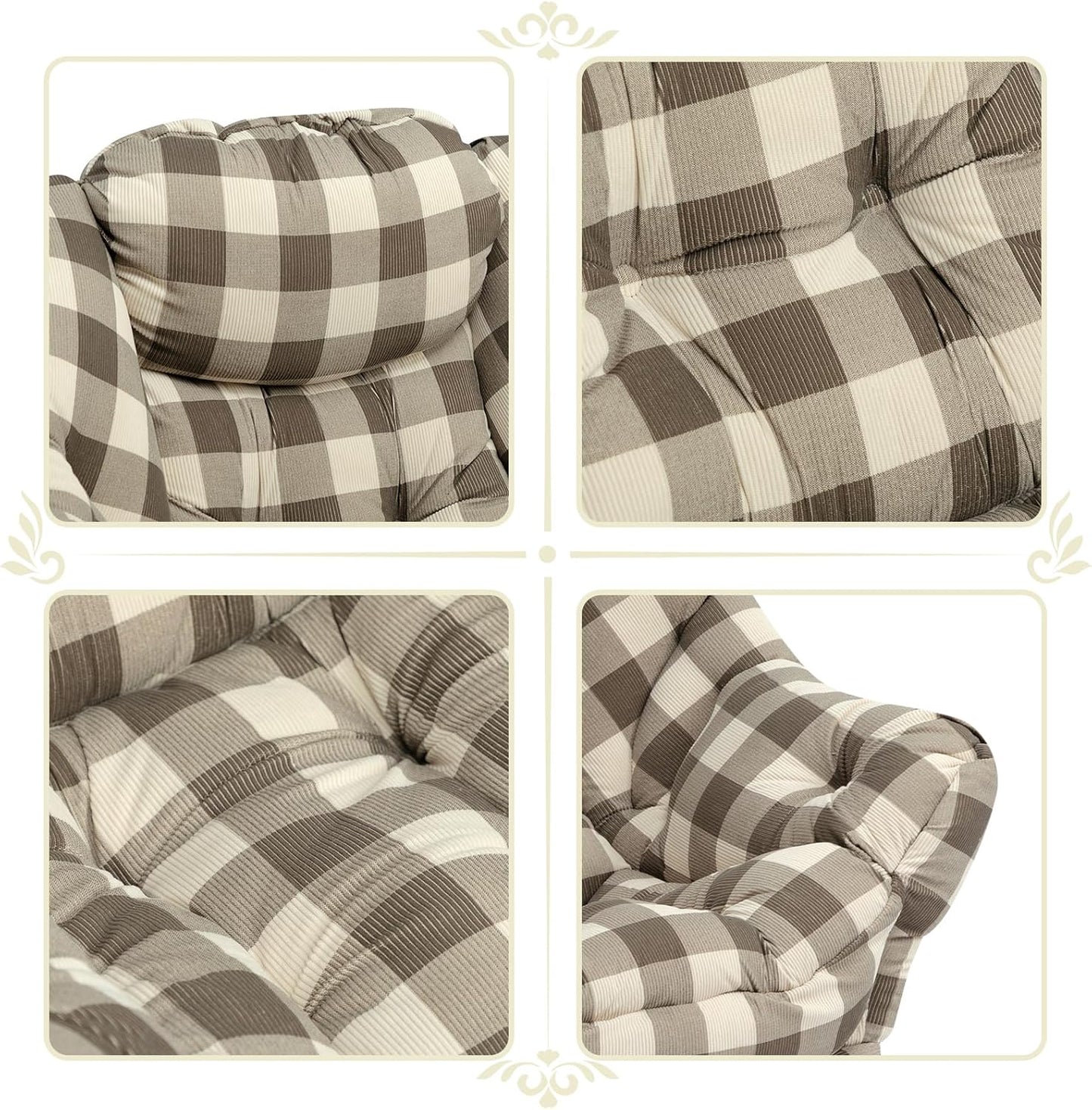 HollyHOME Fabric Lazy Chair with Foldable Ottoman, Accent Lounge Arm Chair and Folding Footrest Stool Set, Leisure Sofa Reading Chair and Footstool for Living Room, Bedroom, Dorm, Beige&Coffee Grid