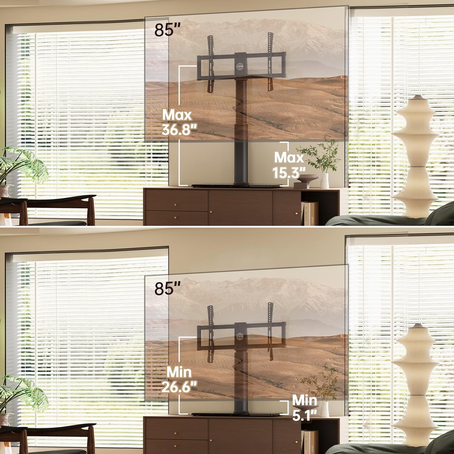 FITUEYES Universal TV Stand Mount for 43-80 85 inch TVs, Swivel Tall TV Mount Stand, Table Top TV Stand Base Replacement, Height Adjustable TV Table Stand, Glass Base, Max Holds 110lbs