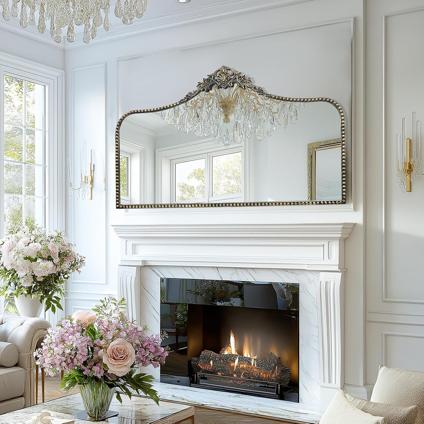 G-LEAF Vintage Baroque Mirror 48"X30", Victorian Antique Mirror with Black Brush Gold Ornate Metal Frame for Fireplace Entryway Living Room Hallway Bathroom