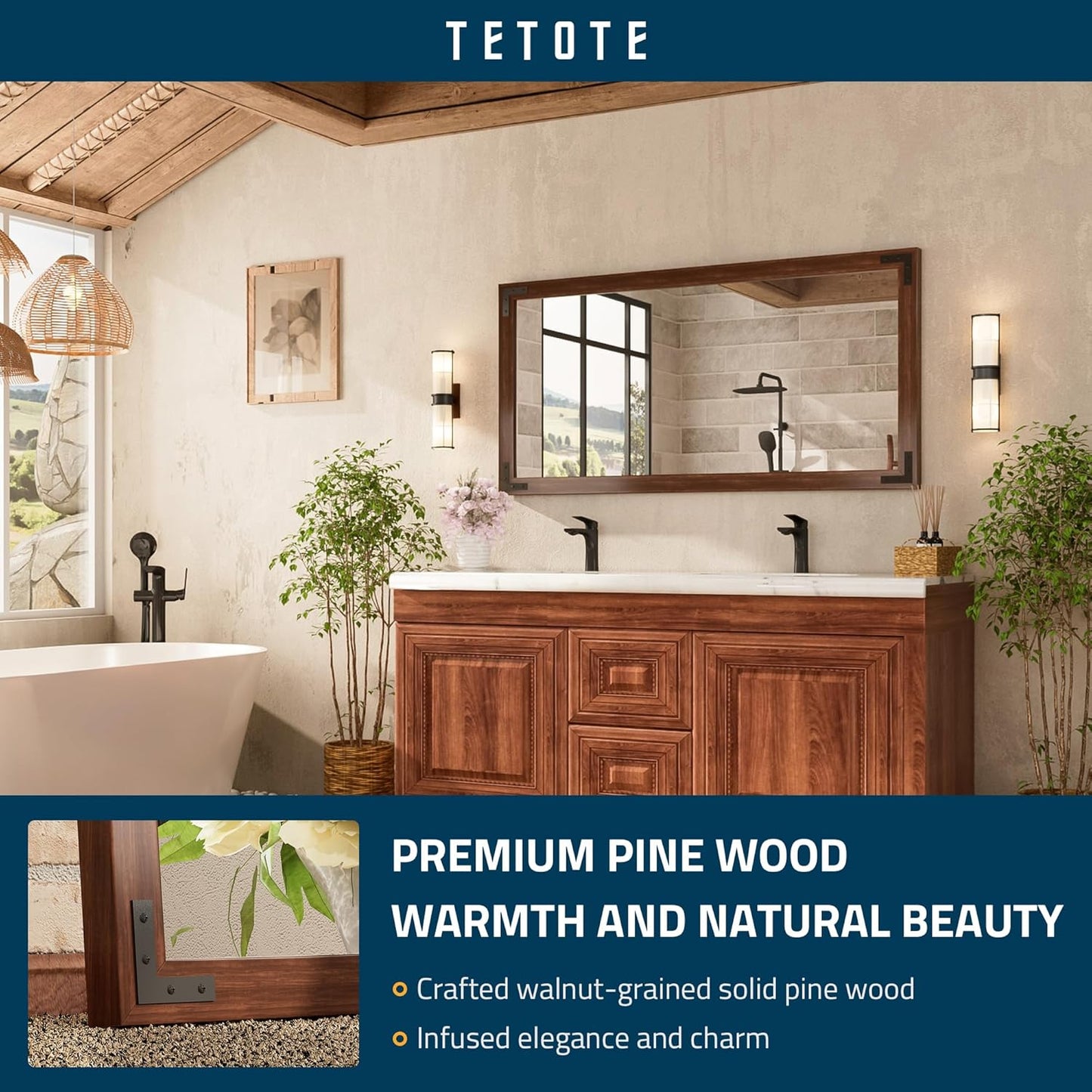 TETOTE 48 x 24 Walnut Wood Framed Mirror for Bathroom Wall/Bedroom/Living Room/Entryway Farmhouse Rustic Bathroom Vanity Mirror for Over Sink Waterproof (Horizontal/Vertical Mounted)