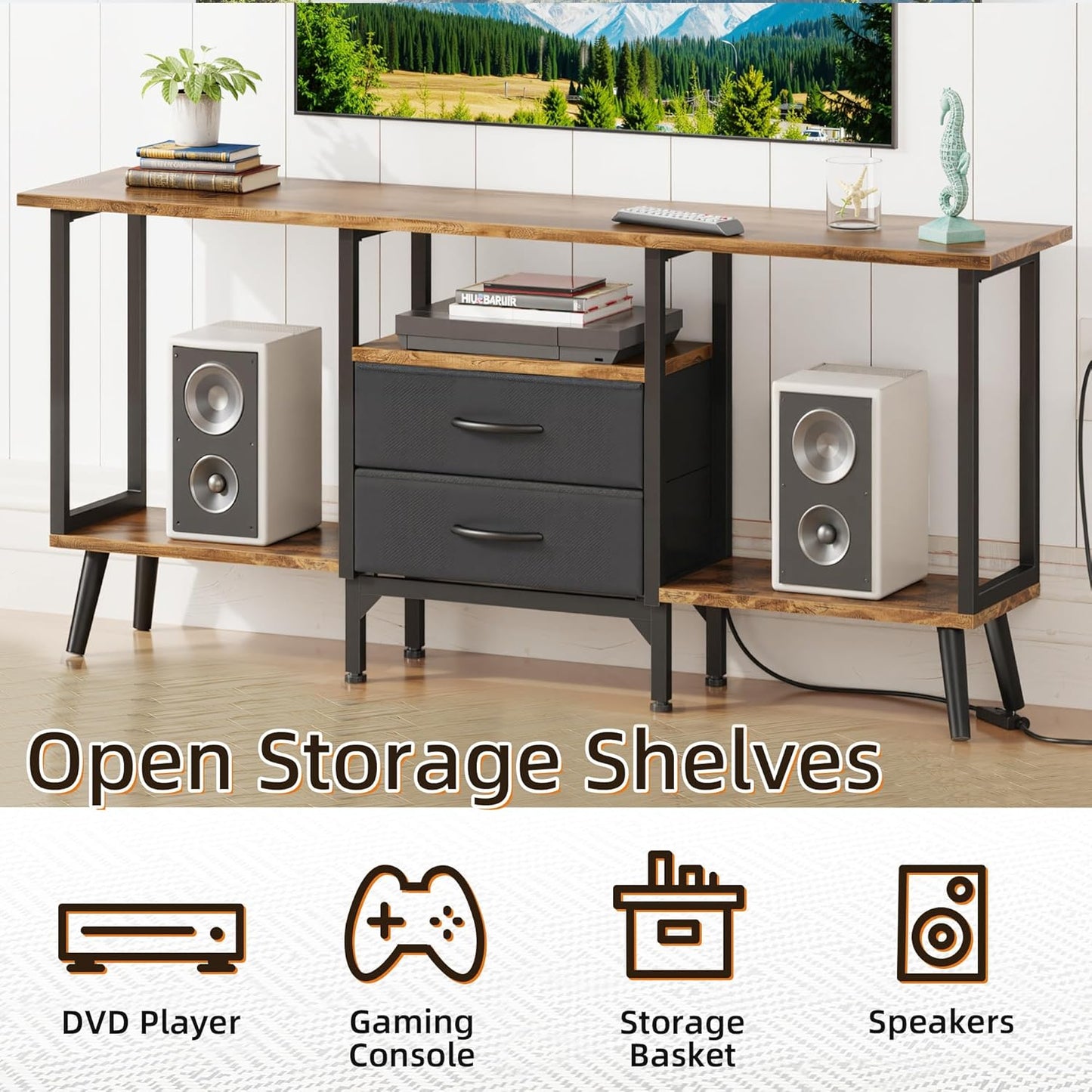 Small TV Stand with Fabric Drawers/LED Light for 55 inch TV, Entertainment Center with Storage Open Shelves，Media Console Table for Living Room, Bedroom, Rustic Brown