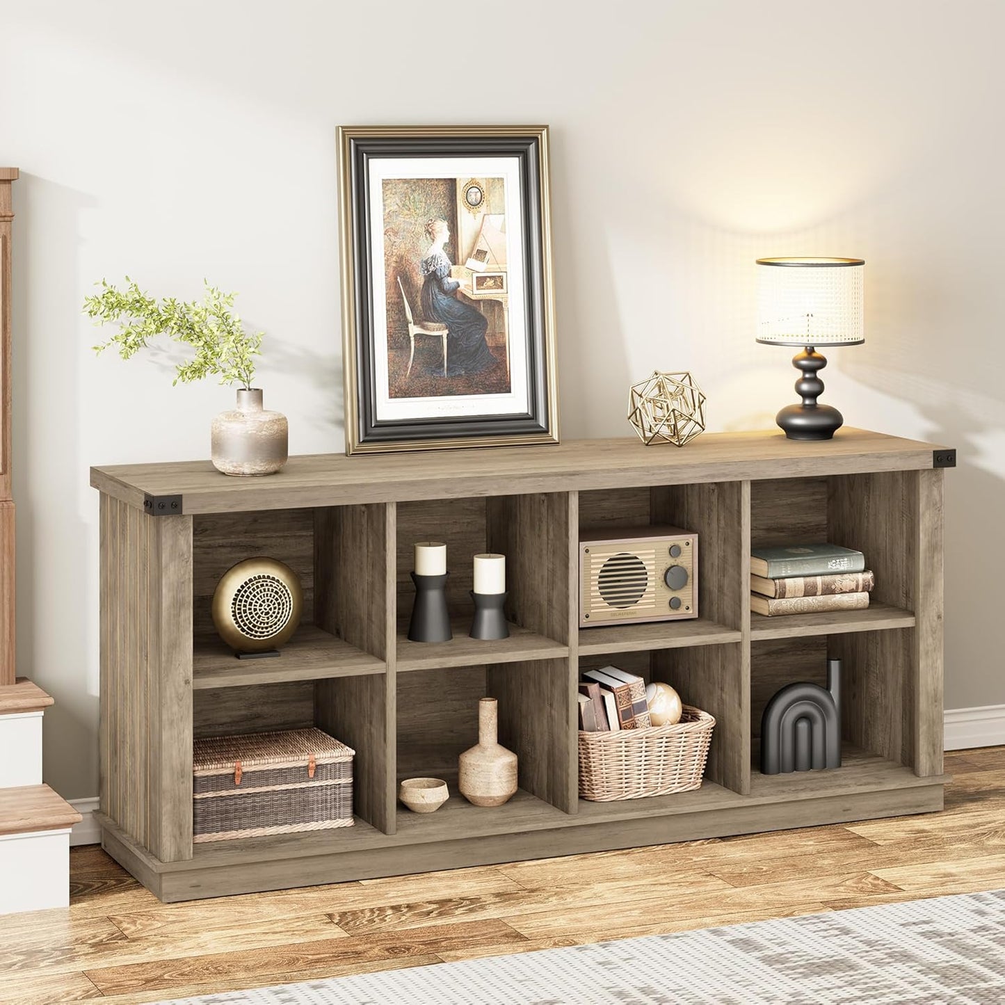 GarveeHome 8 Cube Storage Organizer Bookshelf, Farmhouse Horizontal Bookcase, 62 Inch Wood Storage Bookcase for Entryway, Long Low Bookshelves for Living Room (Grey, 8 Cube)