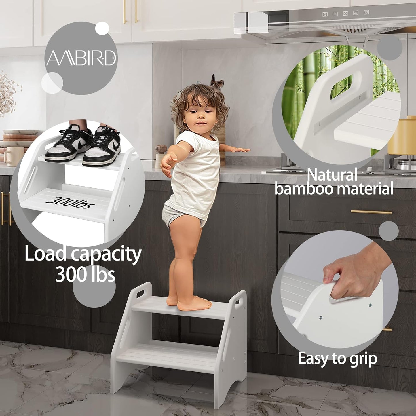 AMBIRD Wooden Two Step Stools Toddler with Safety Non-Slip Pads and Handles, Bamboo Step Stool for Bathroom, Bedroom, Kitchen Dual Height Step Stools for Kids (White)