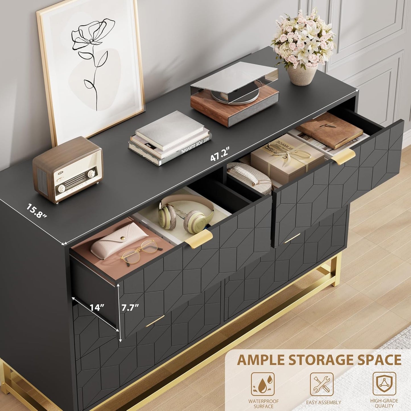 GAOMON Black Dresser for Bedroom,Modern 6 Drawer Double Dresser with Gold Handles,Long Storage Organizer for TV Stand & Closet,Large Chest of Drawers for Living Room,Hallway,Entryway