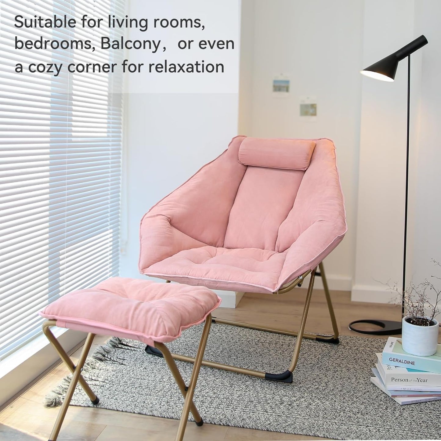 Hexagon Foldable Living Room Chair, Saucer Chair for Adults, Comfy Bedroom Lounge Chair, Moon Chair, Lazy Folding Chair for Dorm Rooms(Ottoman-Pink)