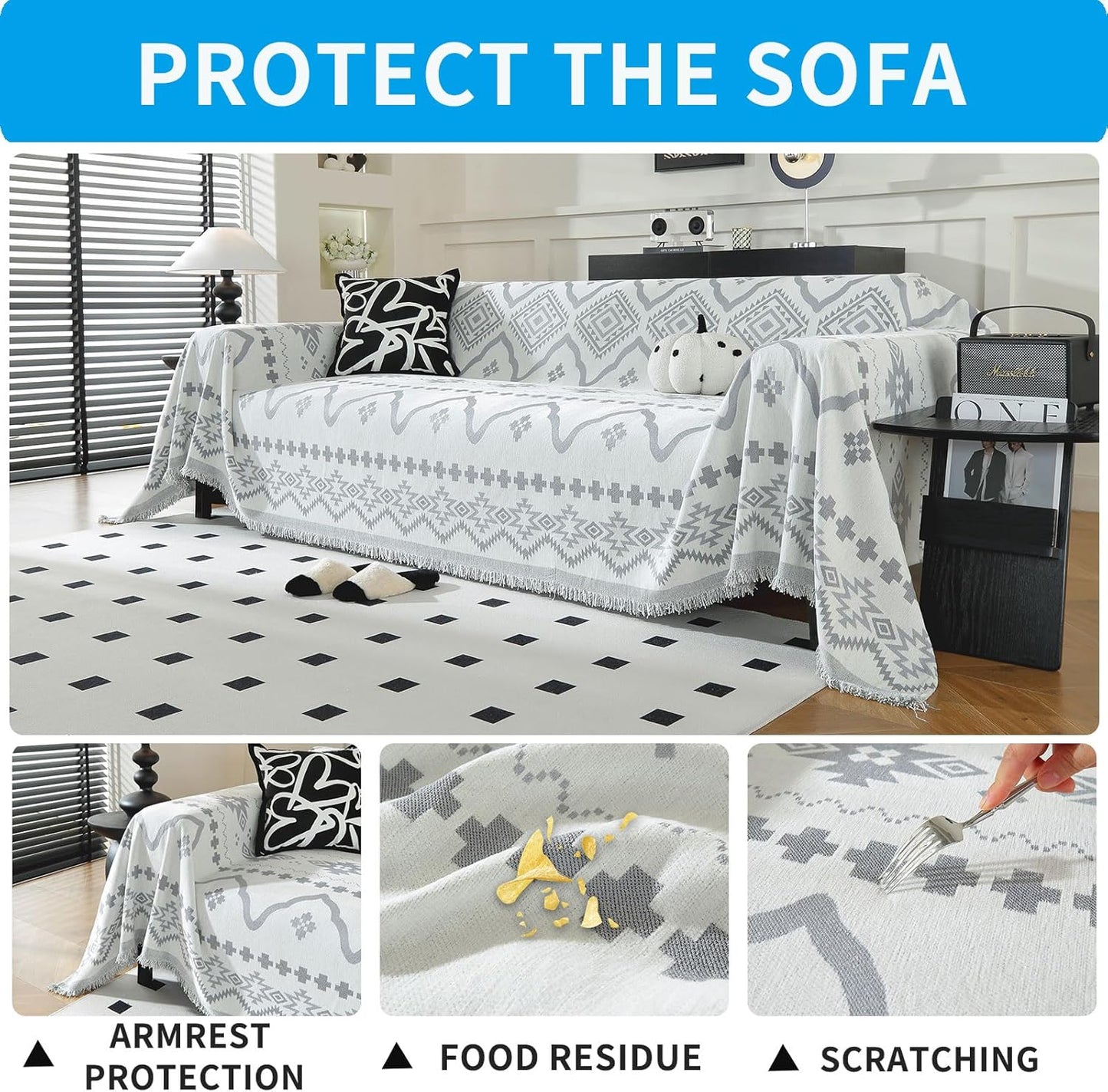 LUFEIJIASHI Boho Couch Covers for Sofa Non Slip Sofa Covers Washable Couch Covers for 3 Cushion Couch Sofa Pet Friendly Sectional Couch Cover Blanket Furniture Protector for Dogs (Grey, 91"x134")